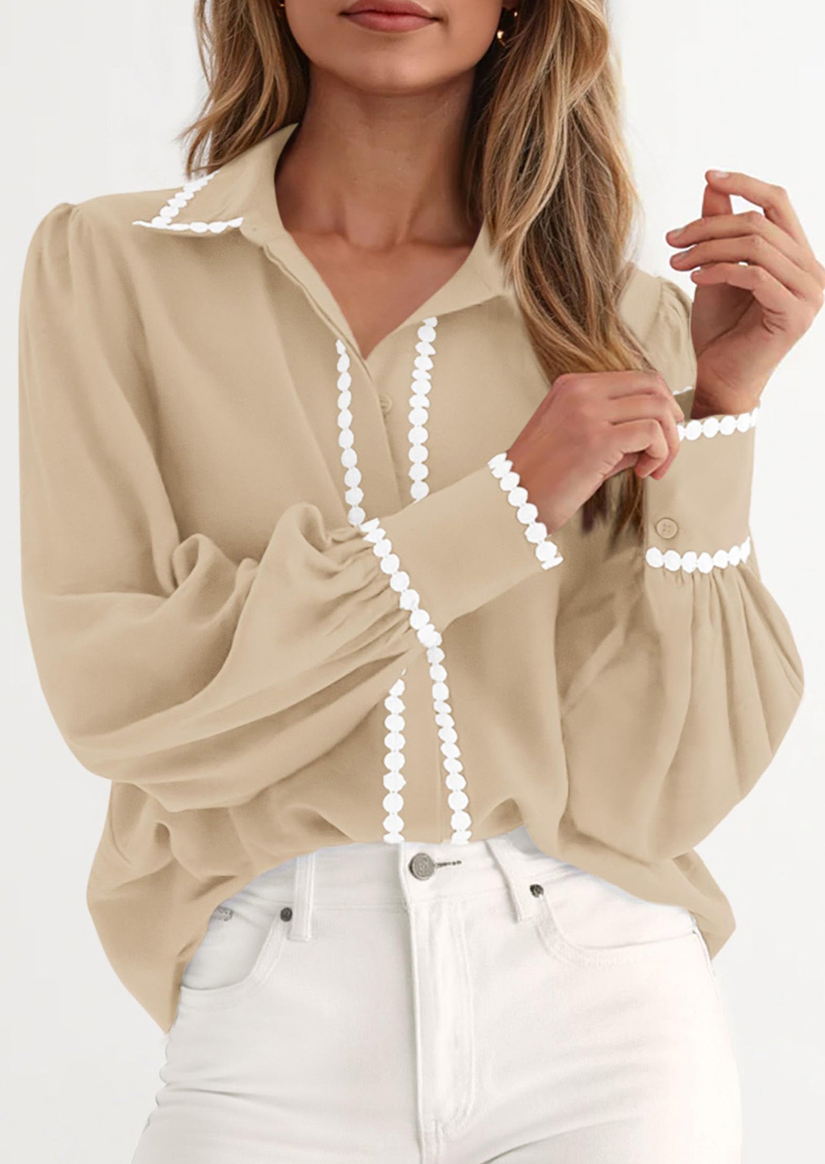 Womens Long Sleeve Button Down Shirts Trendy V Neck Loose Fit Fall Tops Collared Dressy Casual Blouses