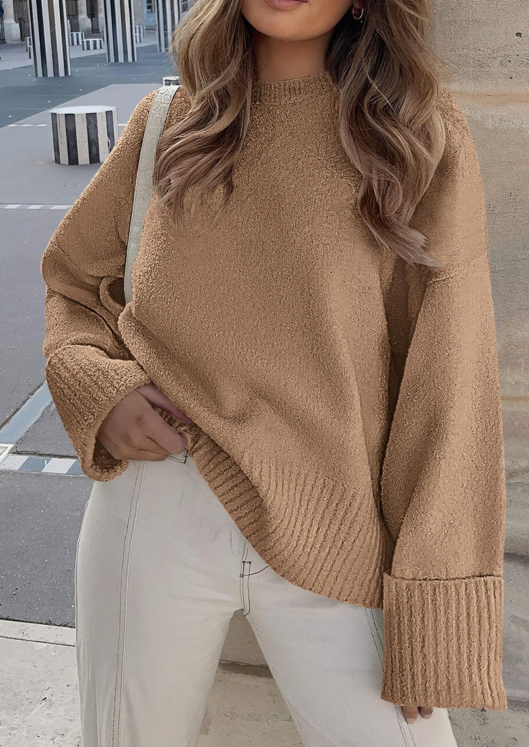 Women's Fall Oversized Sweaters Casual Crewneck Pullover Long Sleeve Fuzzy Chunky Knit Tops Blouse