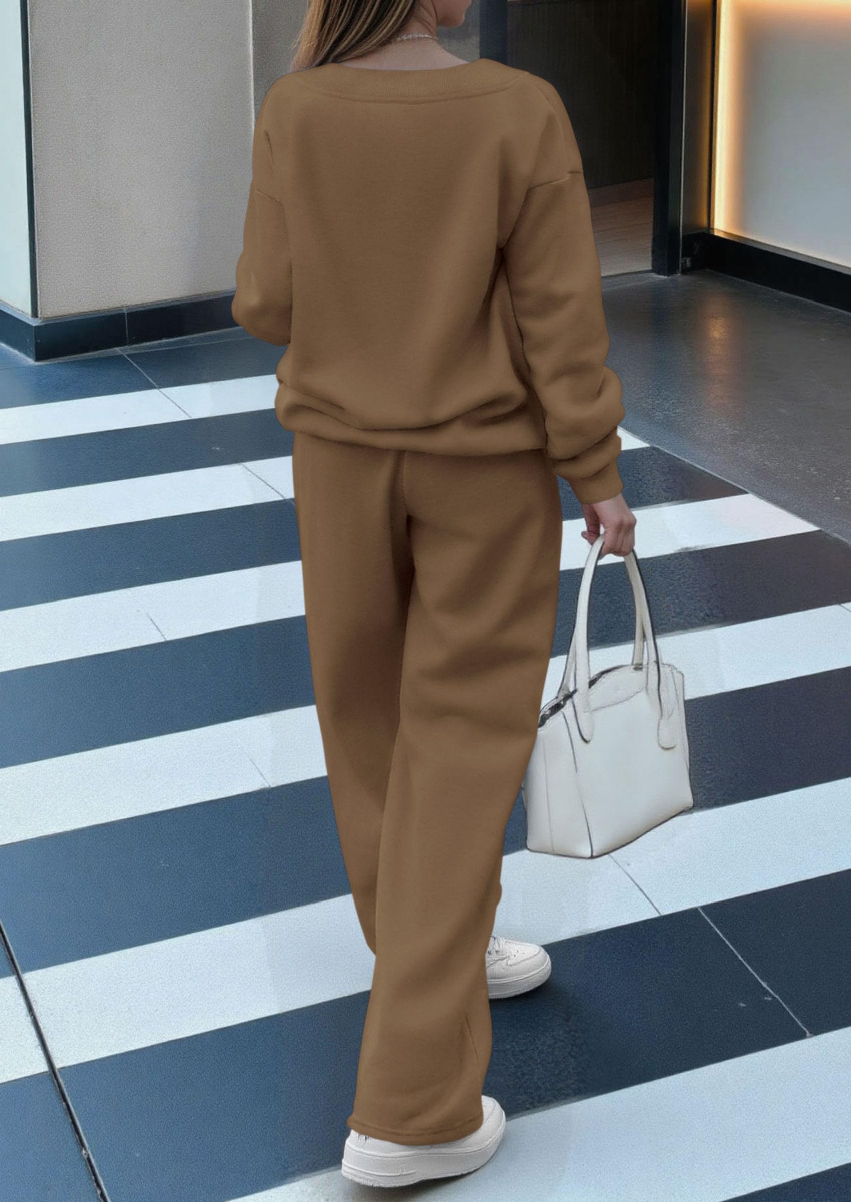 Casual Winter Two Piece Sets for Women V Neck Sweatshirt Loose Wide Leg Pants Tracksuit Knit Fall Outfits