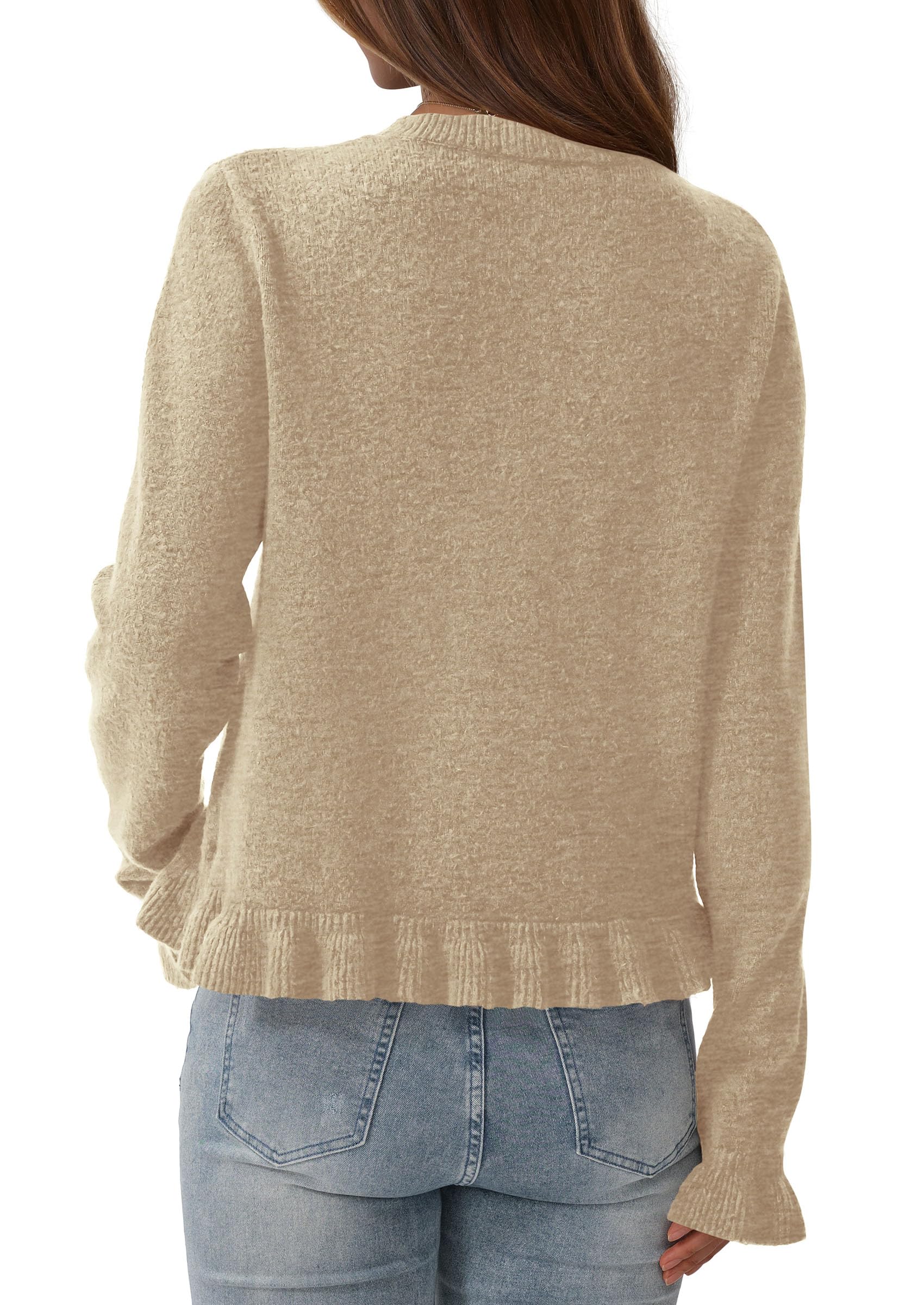 Womens Fall Button Down Cardigans Chunky Knit Ruffle Open Front Cropped Cardigan Sweaters Soft Long Sleeve Tops