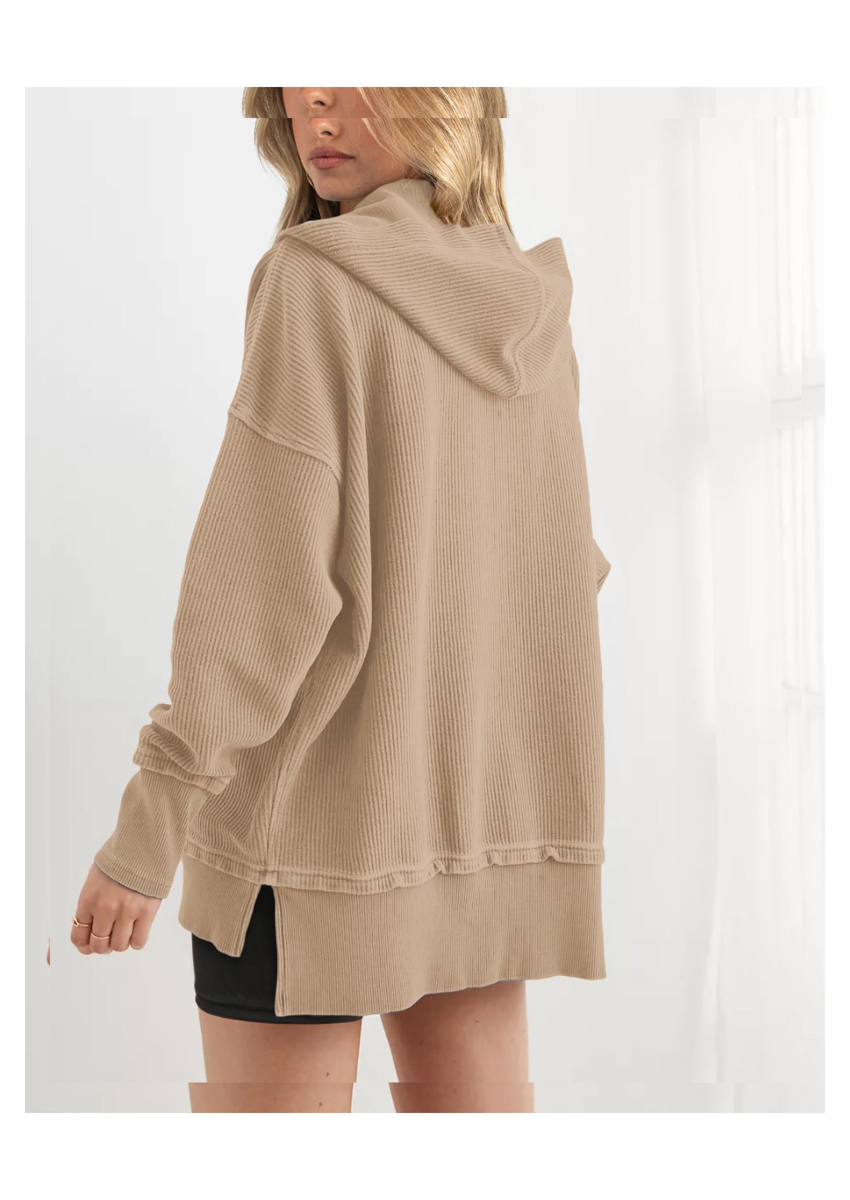 Womens Fashion Oversized Long Sleeve Hoodie Button Down V Neck Sweatshirt Side Slit Casual Pullover Tops