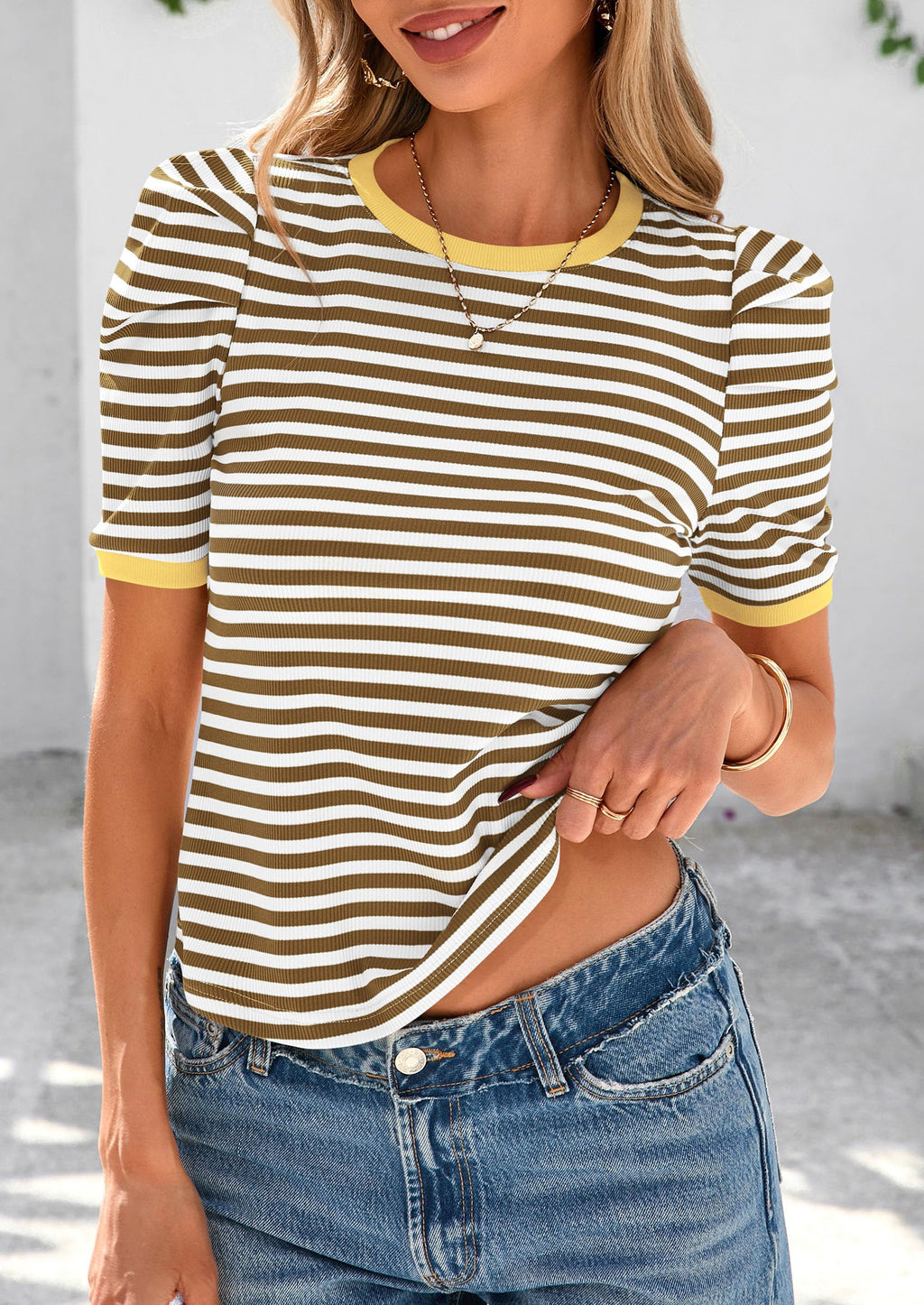 Women's Summer Puff Sleeve Tops Casual Ribbed Knit Crop Top Color Block Trendy Crewneck Striped Shirts