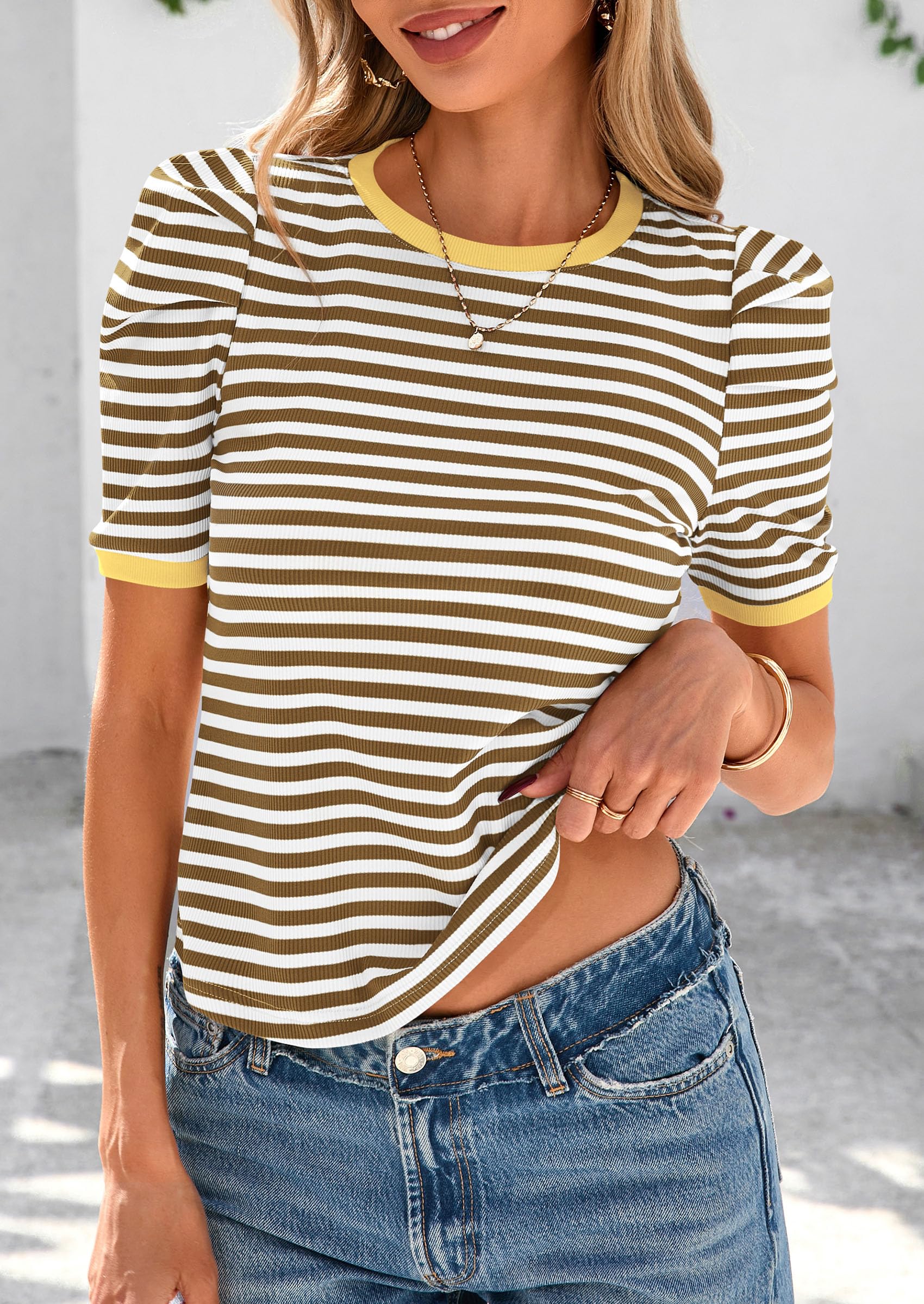Women's Summer Puff Sleeve Tops Casual Ribbed Knit Crop Top Color Block Trendy Crewneck Striped Shirts