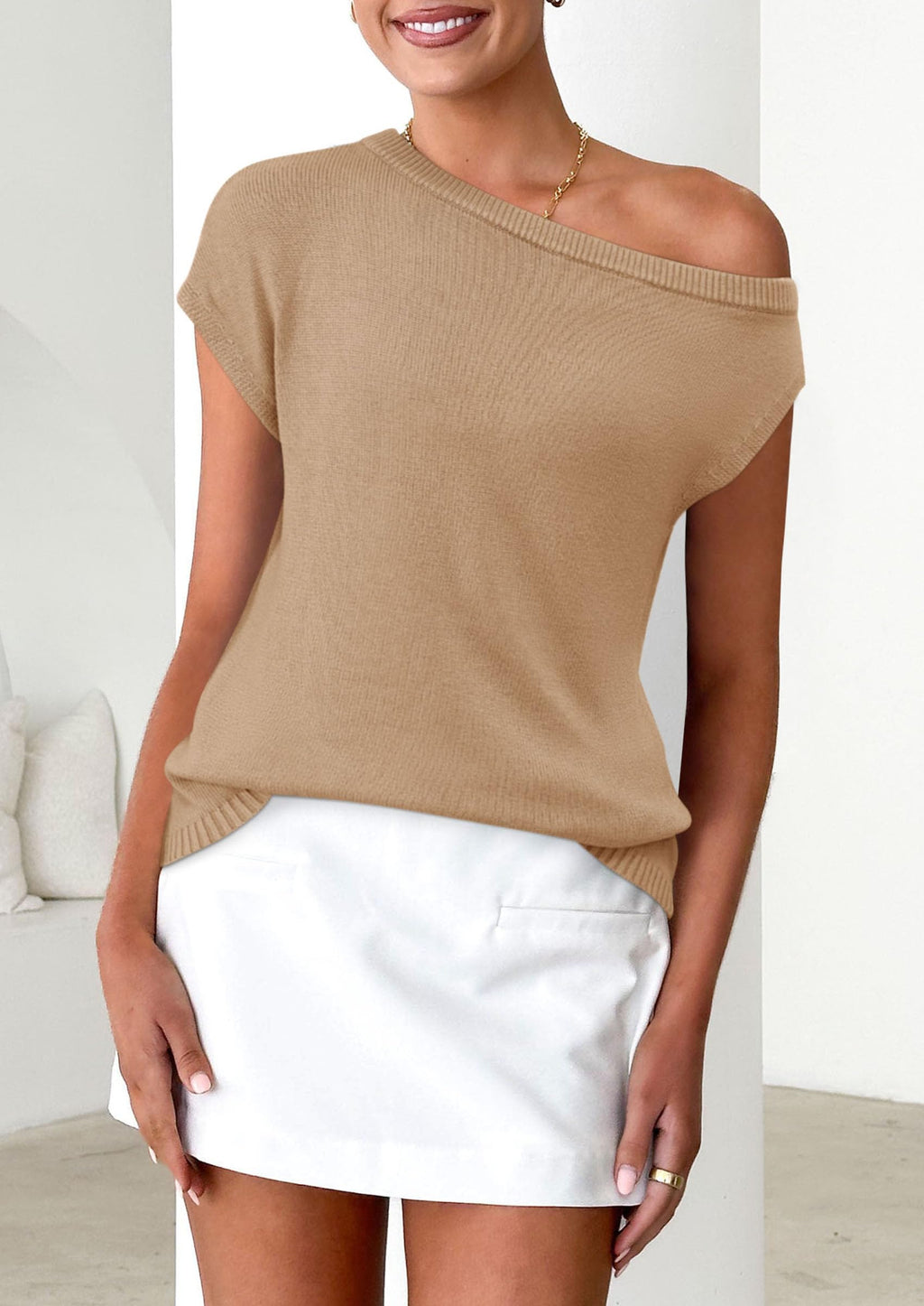 Womens Off The Shoulder Tops Summer Casual Short Sleeve Tunic T Shirts Lightweight Knit Sweaters