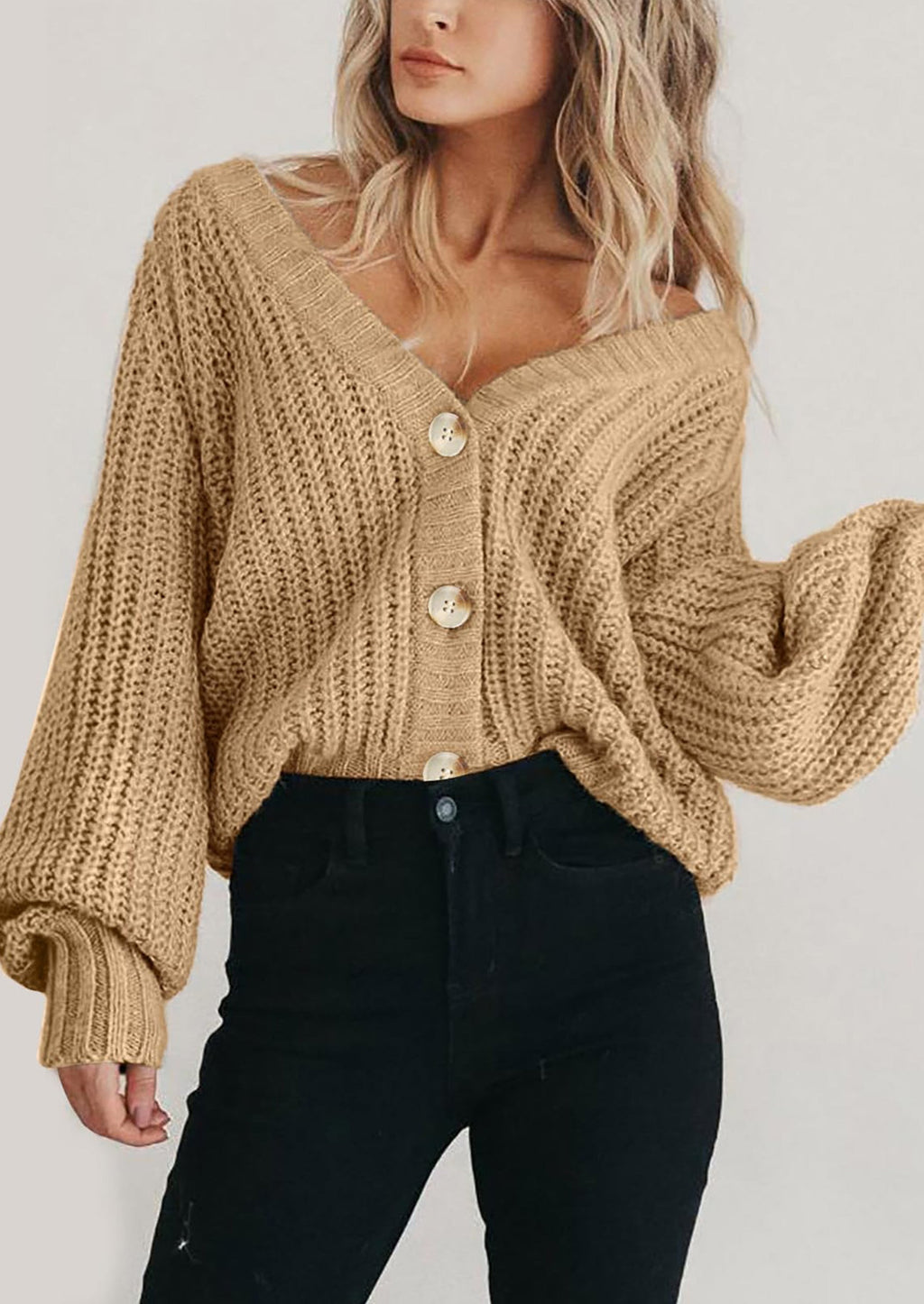 Women's Chunky Knit Open Front Sweater Long Sleeve Button Loose Short Cardigan Outerwear Coats