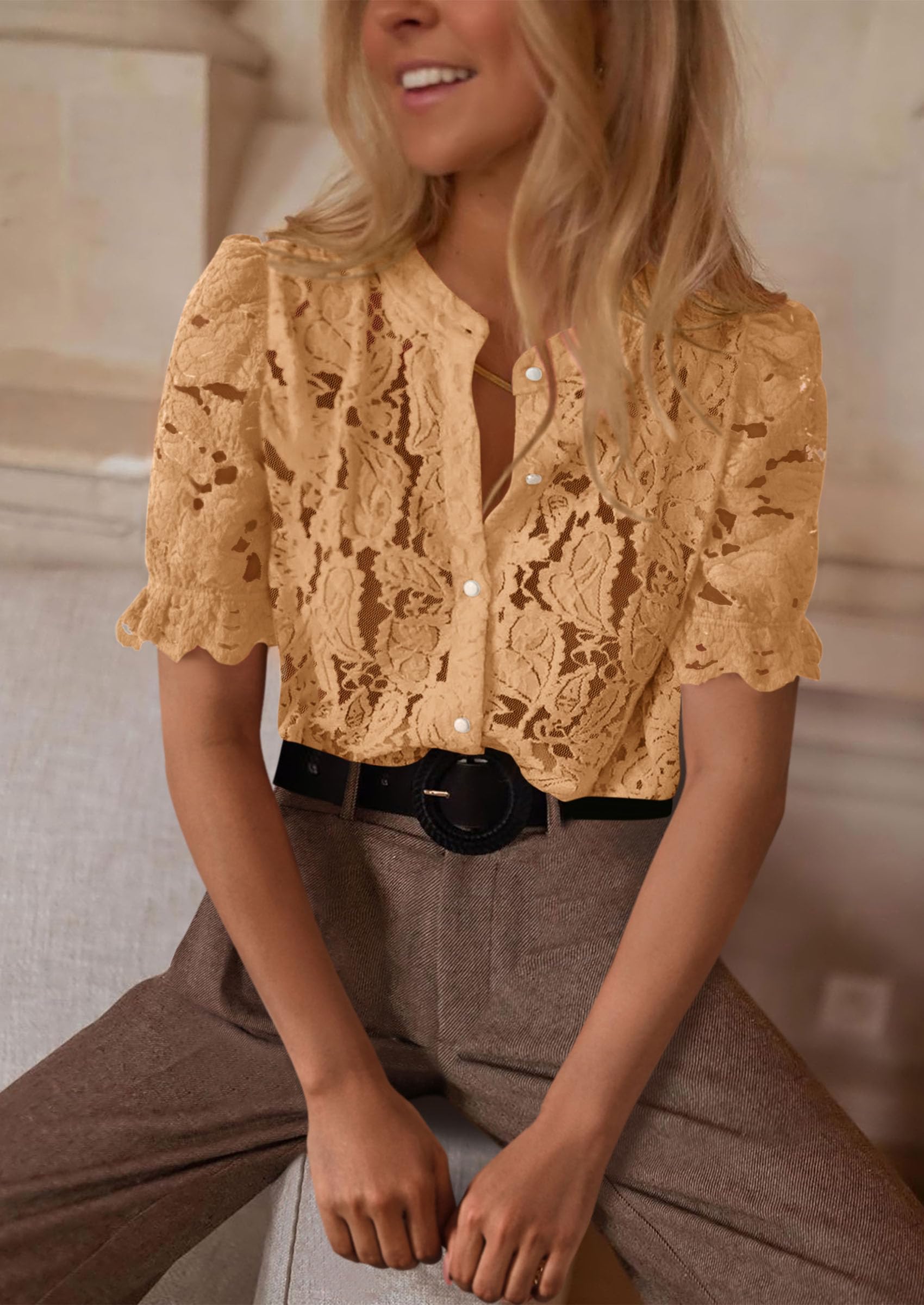 Womens Spring Lace Tops Short Puff Sleeve Casual Dressy Blouses Eyelet Crew Neck Button Down Shirts