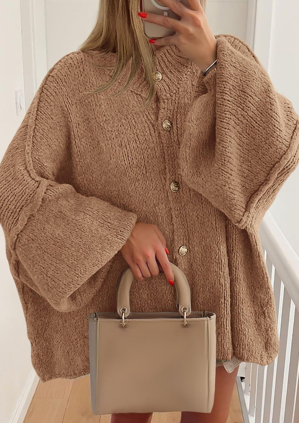 Women's Winter Button Down Cardigan Sweaters Mock Neck Lantern Long Sleeve Chunky Knit Jacket Trendy Outerwear