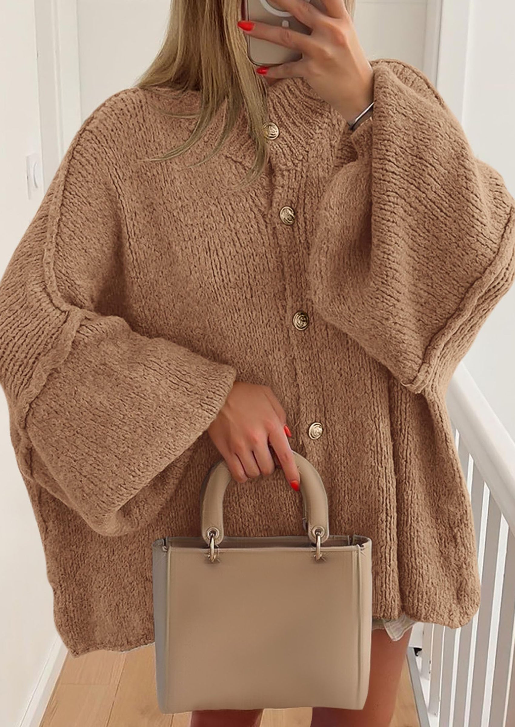 Women's Winter Button Down Cardigan Sweaters Mock Neck Lantern Long Sleeve Chunky Knit Jacket Trendy Outerwear