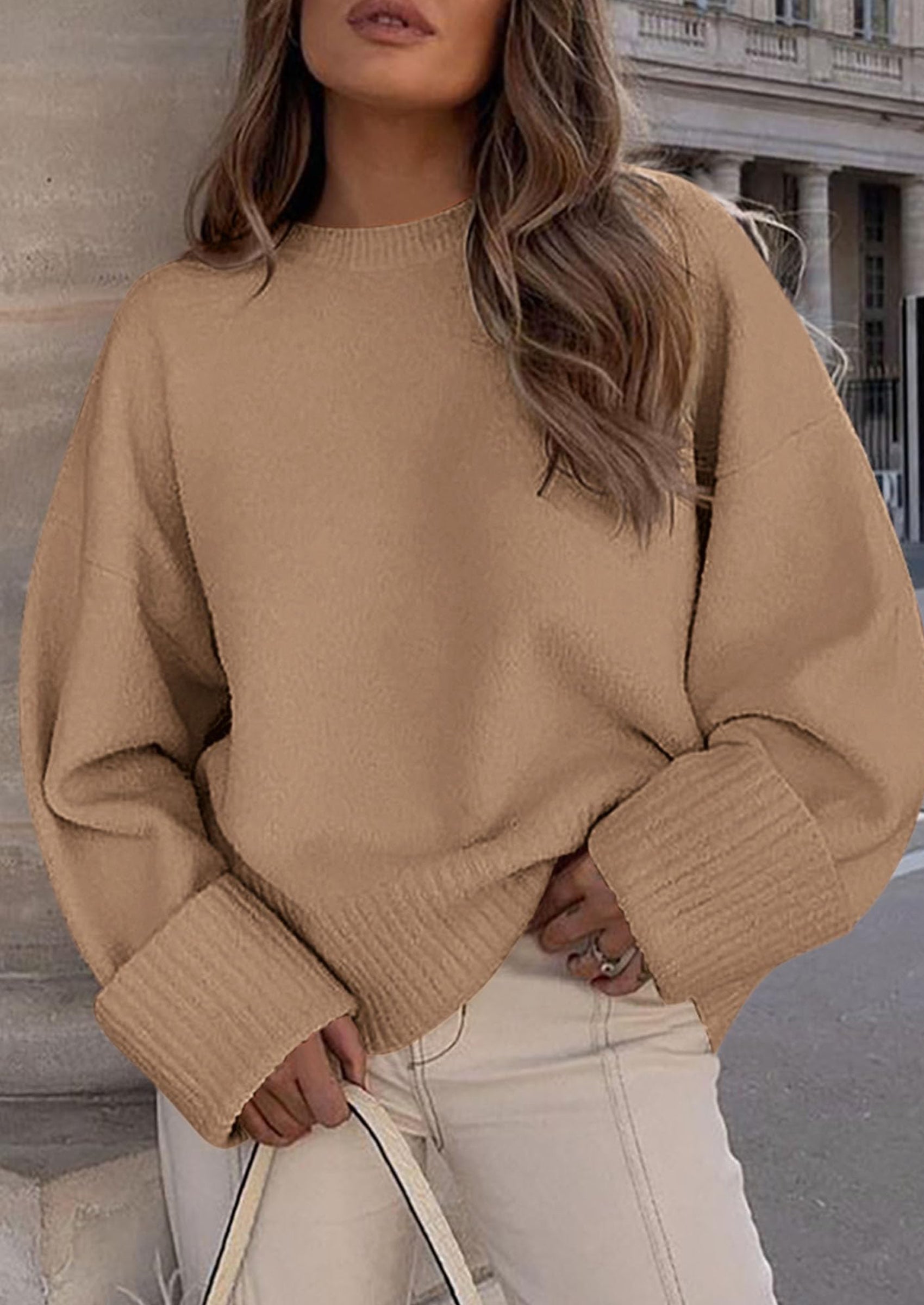Women's Fall Oversized Sweaters Casual Crewneck Pullover Long Sleeve Fuzzy Chunky Knit Tops Blouse