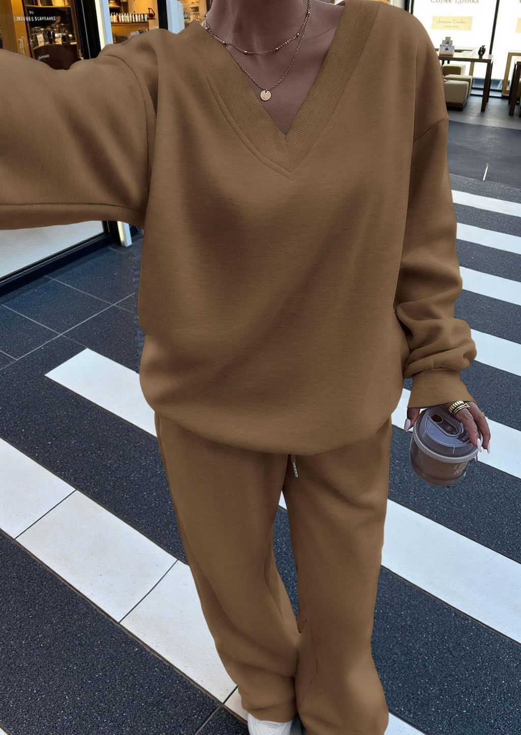 Casual Winter Two Piece Sets for Women V Neck Sweatshirt Loose Wide Leg Pants Tracksuit Knit Fall Outfits