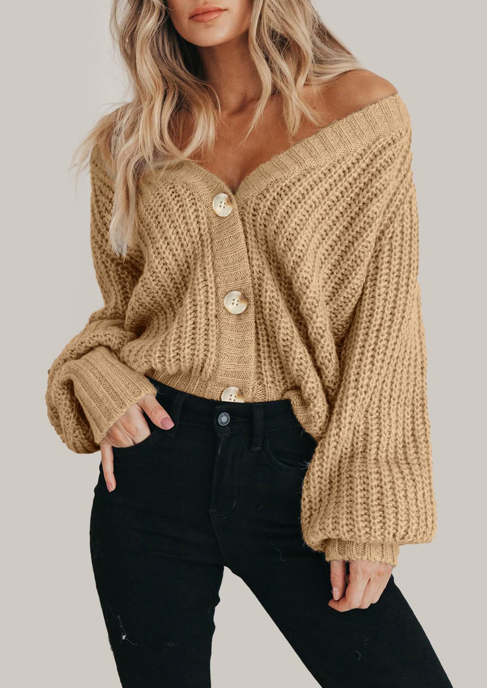 Women's Chunky Knit Open Front Sweater Long Sleeve Button Loose Short Cardigan Outerwear Coats