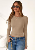 Womens Summer Fall Long Sleeve Shirts Ribbed Knit Fitted Basic Tee Going Out Tops Underscrub Casual Outfits