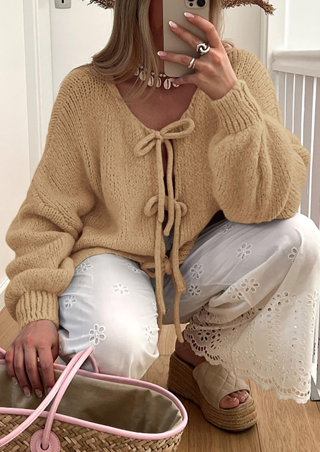 Women's Tie Front Bow Cardigan Sweaters Chunky Knit Long Puff Sleeve Trendy Fall Winter Jacket Coats