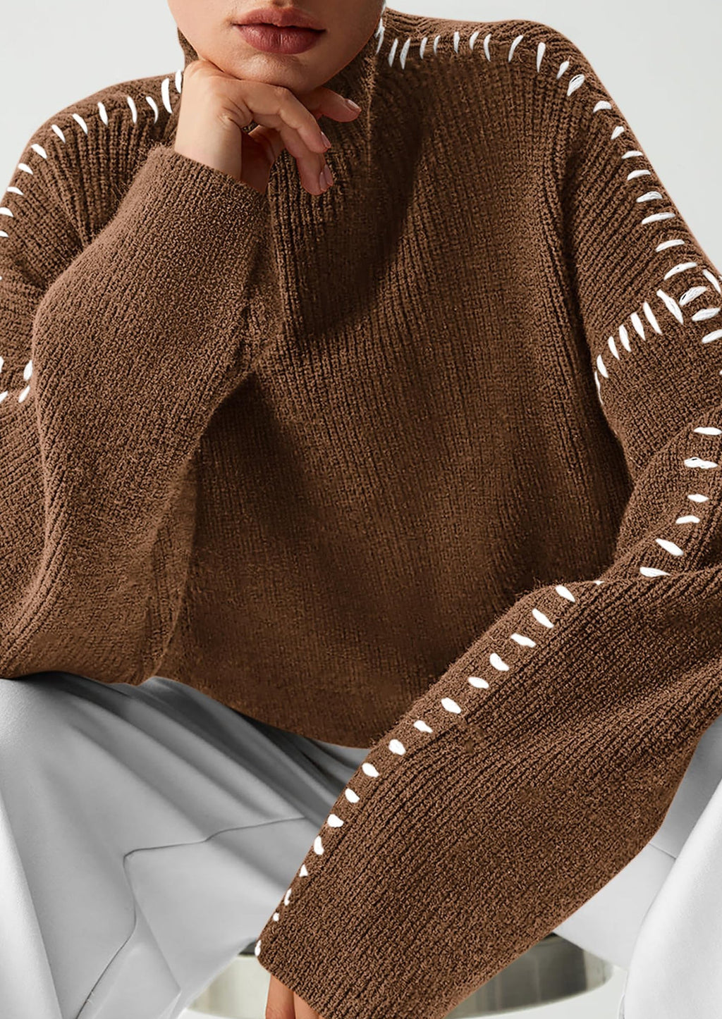 Women's Chunky Knit Sweaters Fall Long Sleeve Mock Neck Oversized Pullover Tops Winter Fashion Clothes