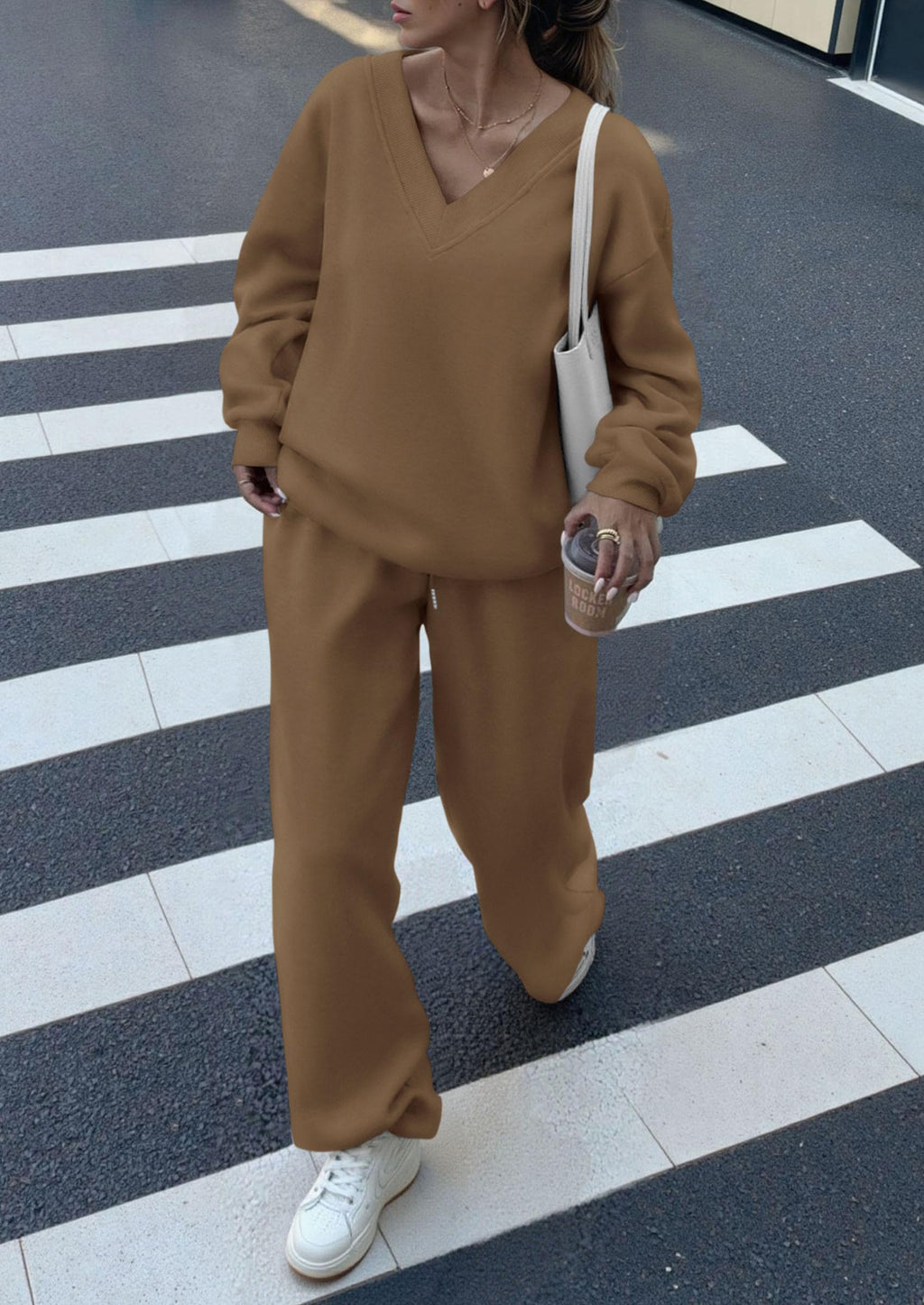 Casual Winter Two Piece Sets for Women V Neck Sweatshirt Loose Wide Leg Pants Tracksuit Knit Fall Outfits