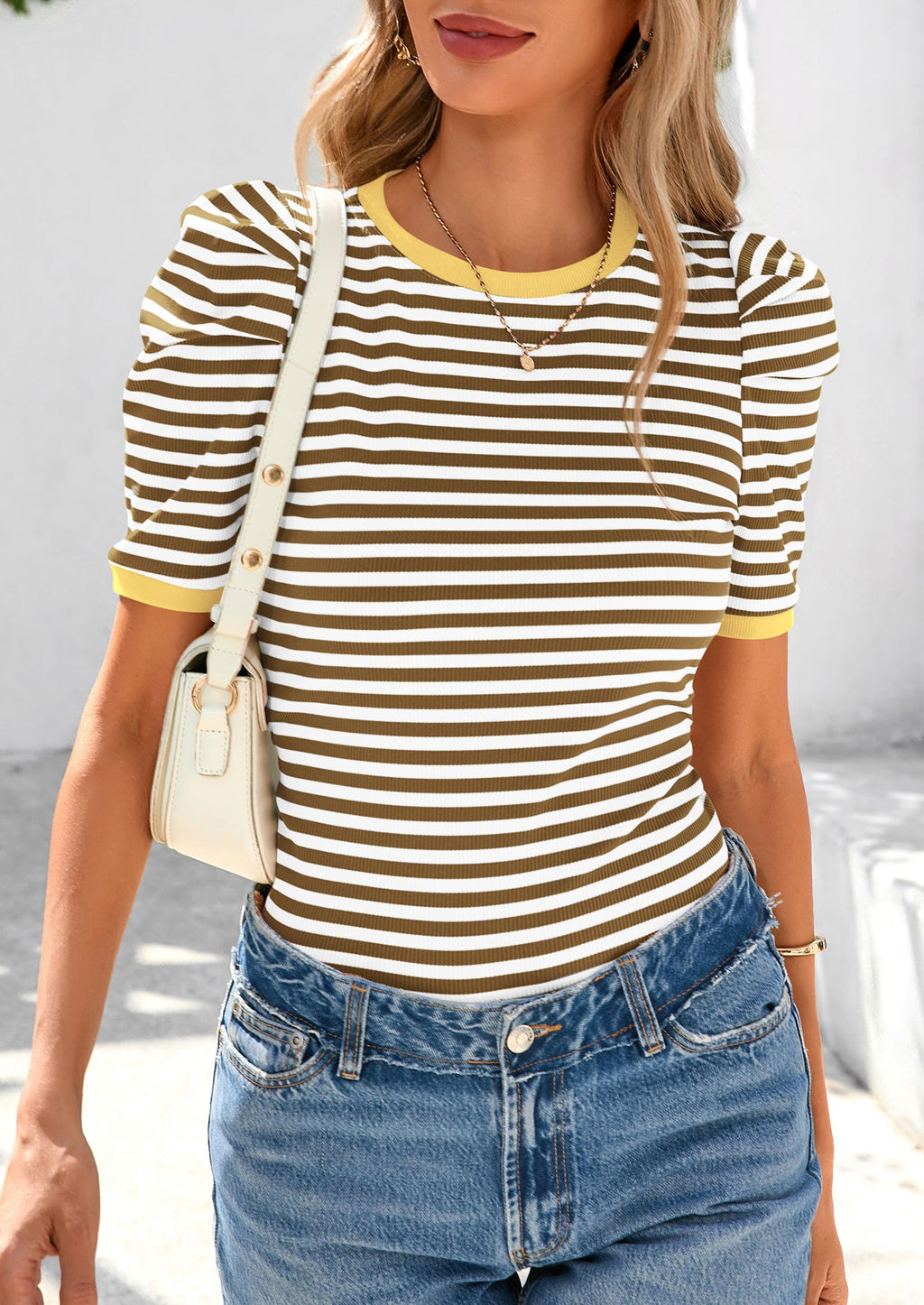 Women's Summer Puff Sleeve Tops Casual Ribbed Knit Crop Top Color Block Trendy Crewneck Striped Shirts