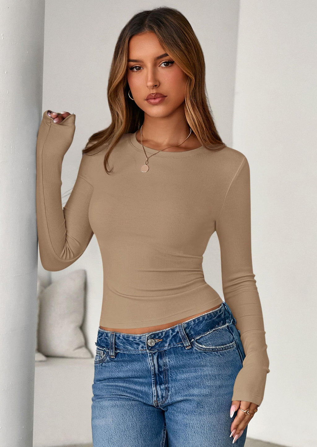 Womens Summer Fall Long Sleeve Shirts Ribbed Knit Fitted Basic Tee Going Out Tops Underscrub Casual Outfits