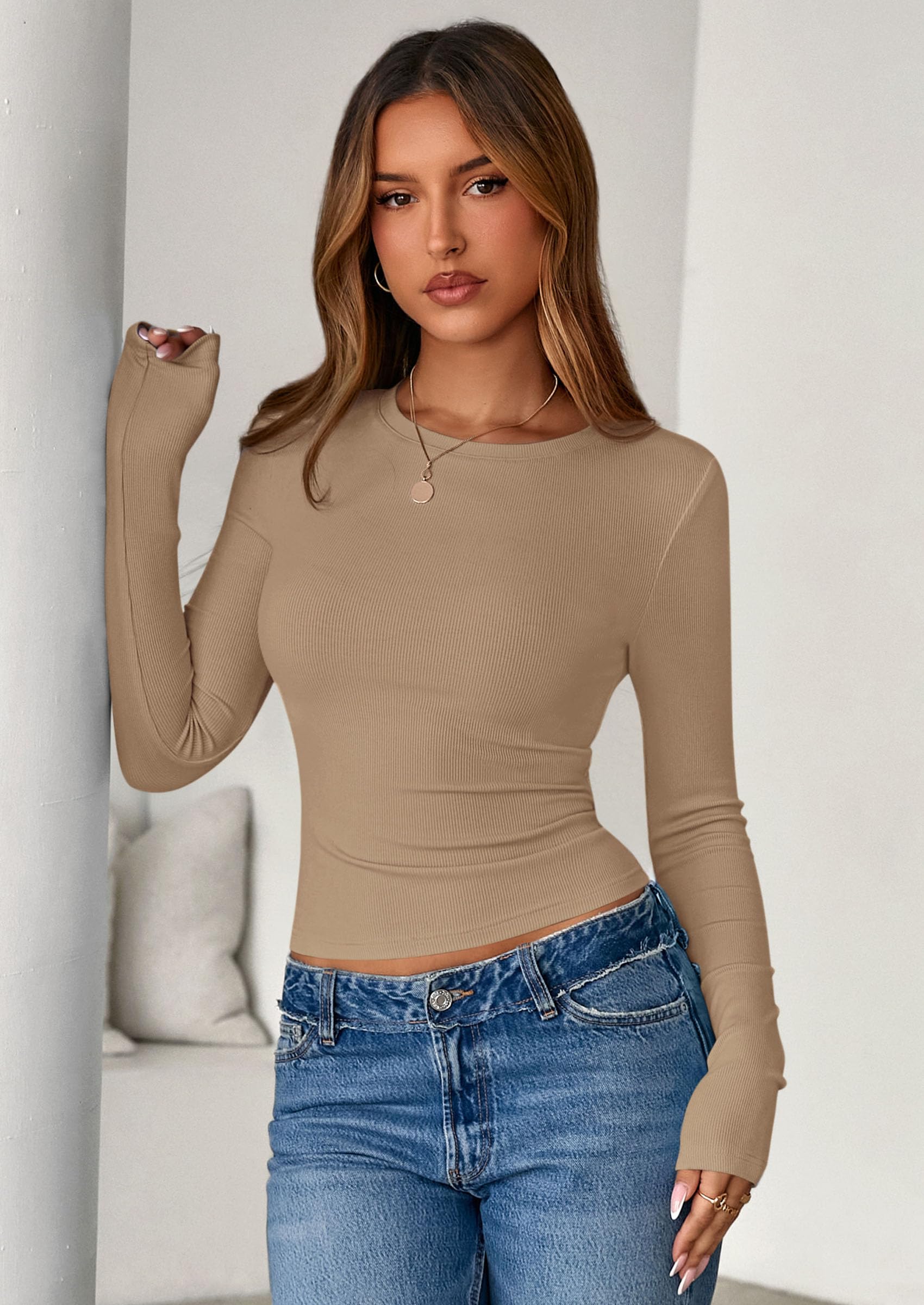 Womens Summer Fall Long Sleeve Shirts Ribbed Knit Fitted Basic Tee Going Out Tops Underscrub Casual Outfits