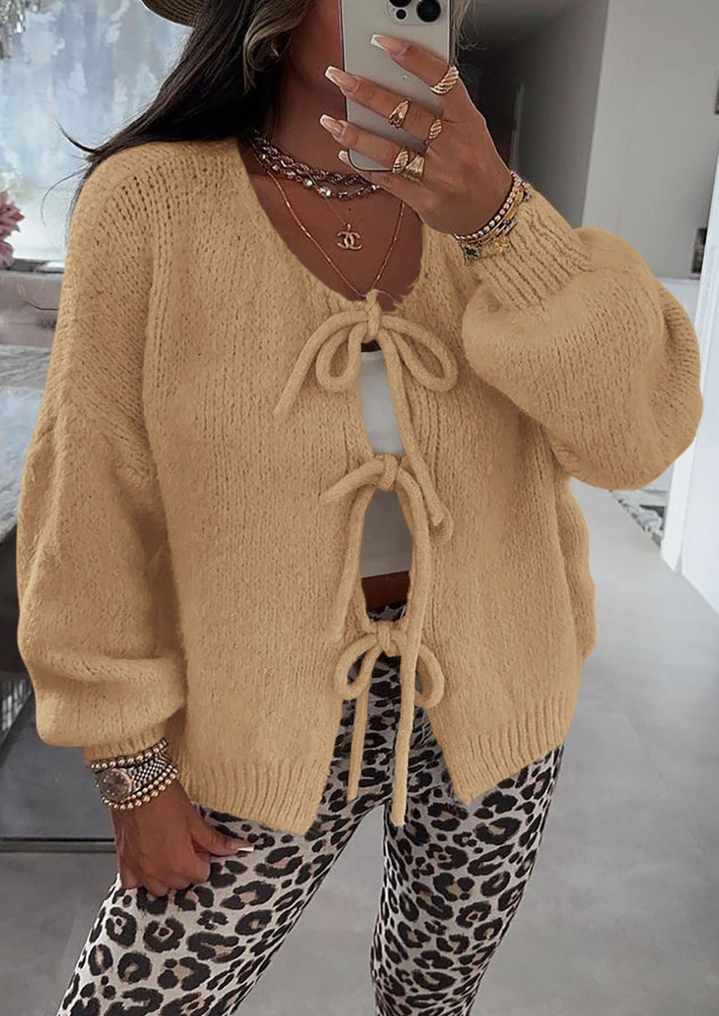 Women's Tie Front Bow Cardigan Sweaters Chunky Knit Long Puff Sleeve Trendy Fall Winter Jacket Coats