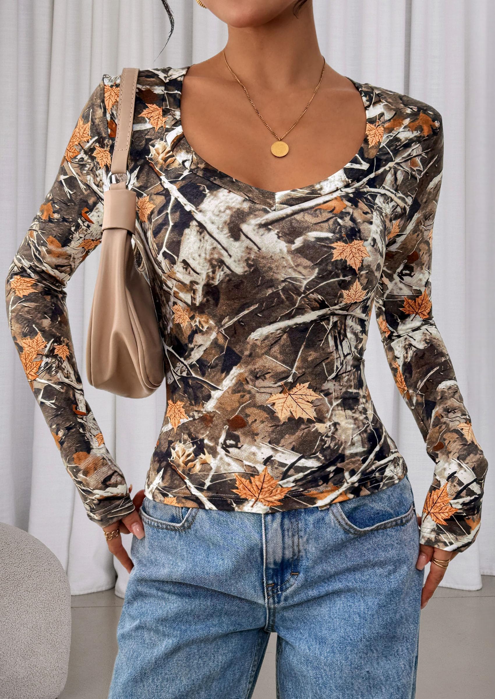 Womens Long Sleeve T Shirts Fall Trendy Deep V Neck Slim Fit Basic Crop Tops Casual Going Out Top