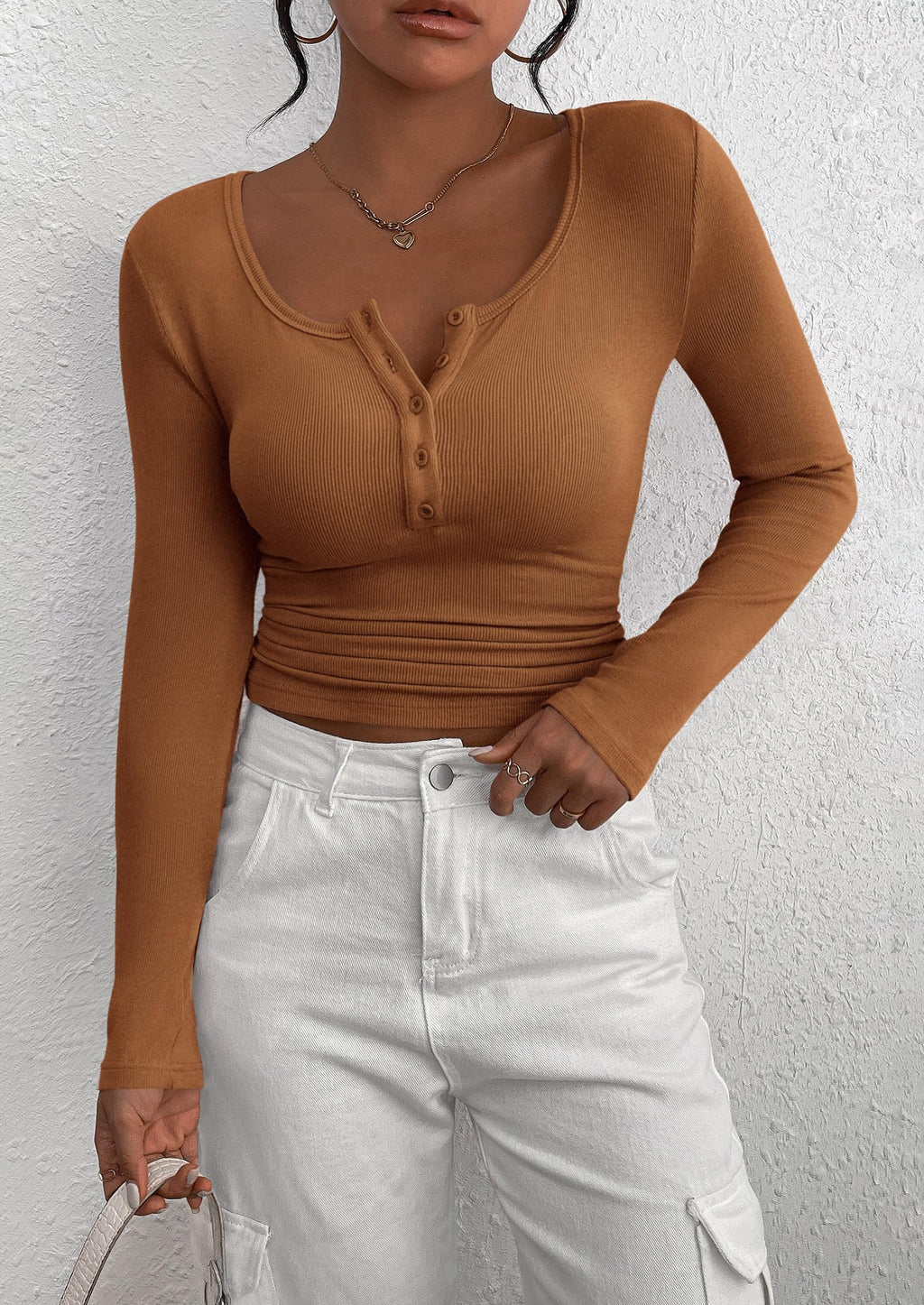 Women's Spring Fall Long Sleeve Henley T Shirts Button Ribbed Knit Slim Fit Casual Basic Tops Blouse