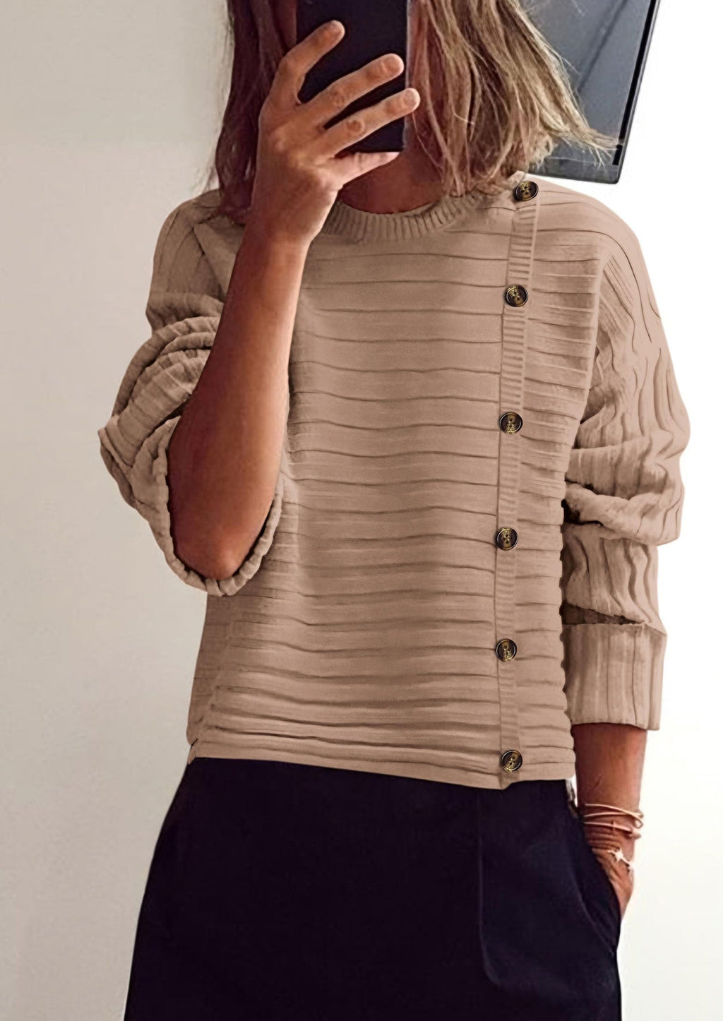 Womens Sweaters Fall Casual Long Sleeve Crewneck Button Loose Winter Knit Pullover Sweater Tops