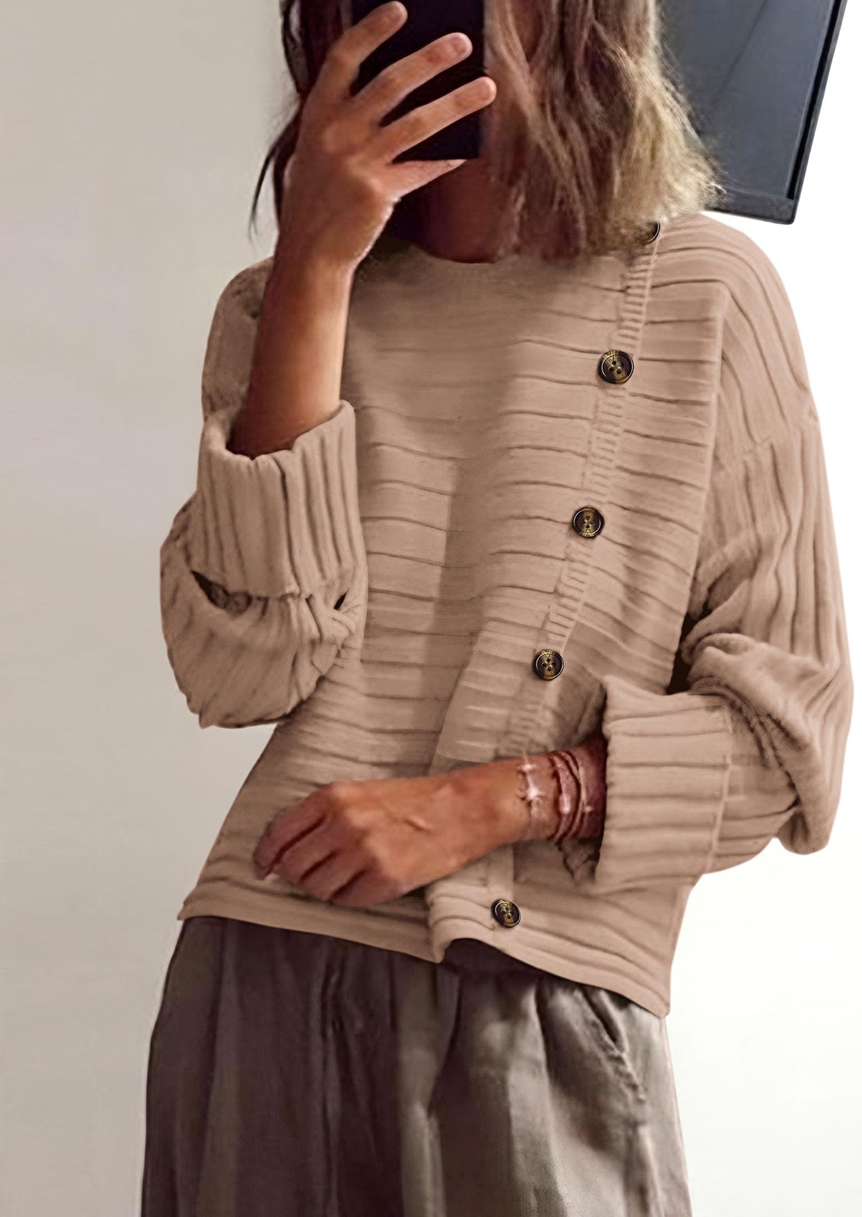 Womens Sweaters Fall Casual Long Sleeve Crewneck Button Loose Winter Knit Pullover Sweater Tops