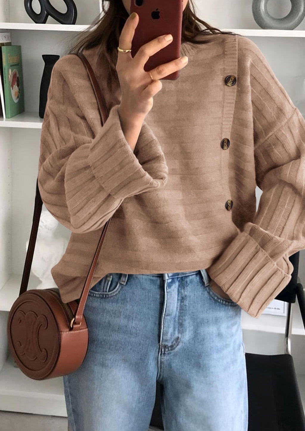 Womens Sweaters Fall Casual Long Sleeve Crewneck Button Loose Winter Knit Pullover Sweater Tops