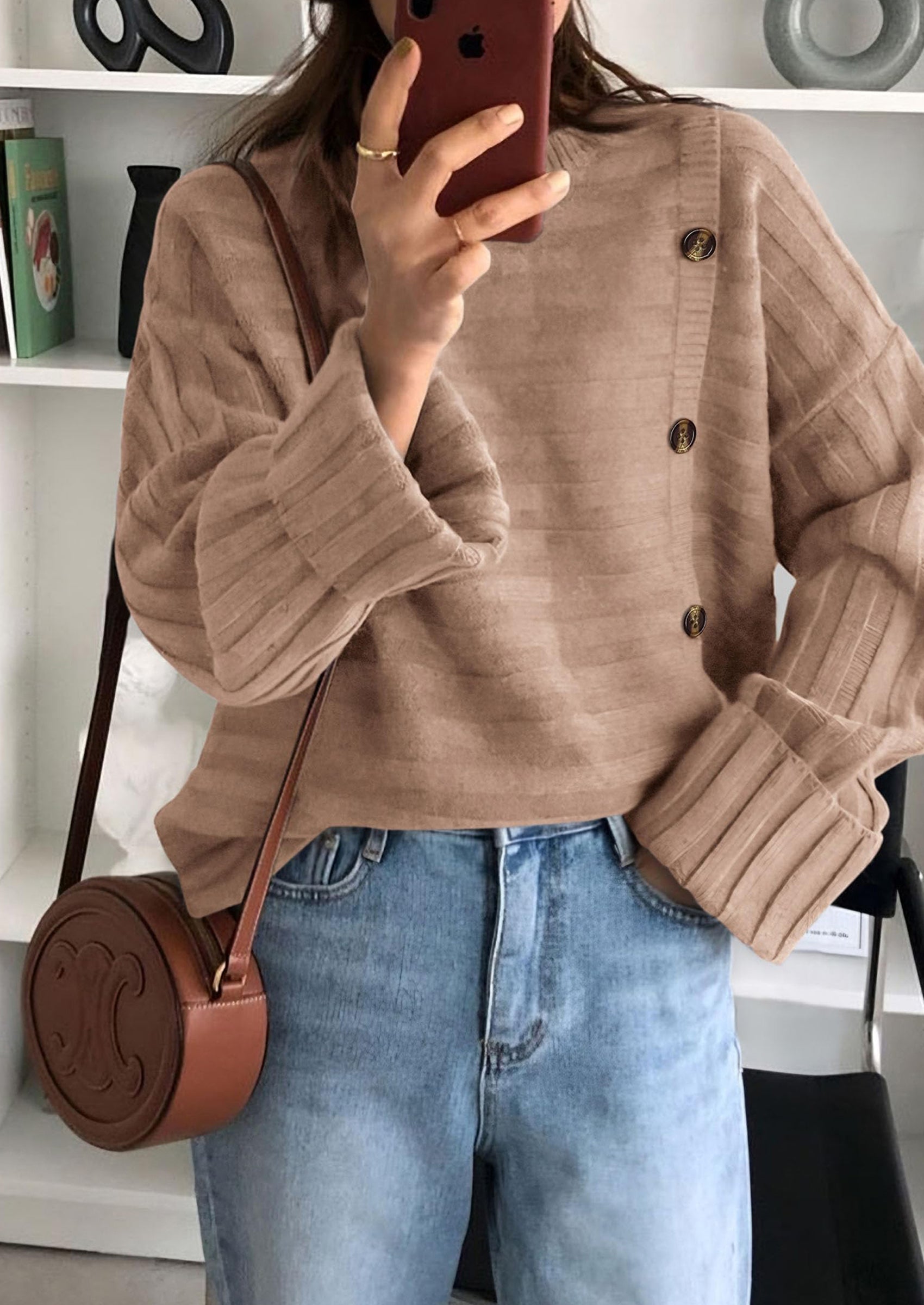 Womens Sweaters Fall Casual Long Sleeve Crewneck Button Loose Winter Knit Pullover Sweater Tops