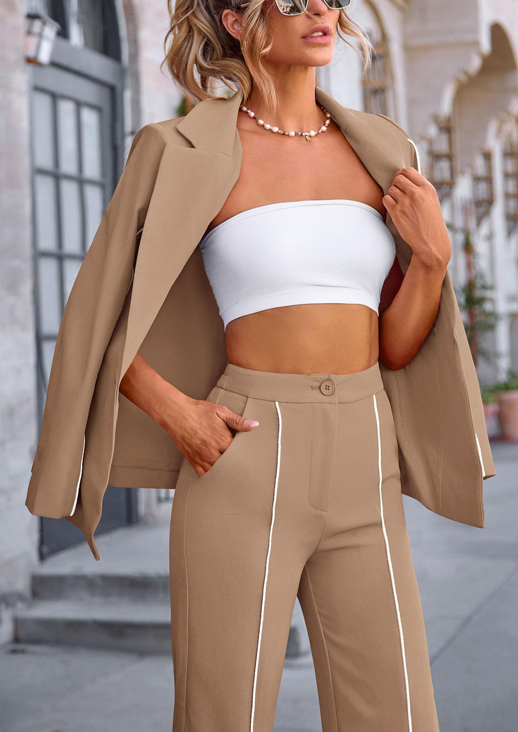 2 Piece Blazer Outfits Business Casual Oversized Jacket Wide Leg Work Pants Dressy Suit Set