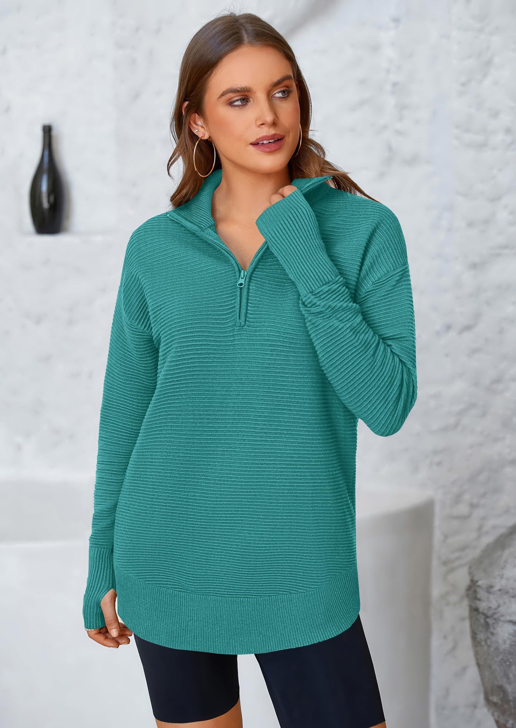 Womens Long Sleeve Quarter Zip Pullover Sweater Casual Loose V Neck Collared Ribbed Knit Jumper Tops Thumb Hole