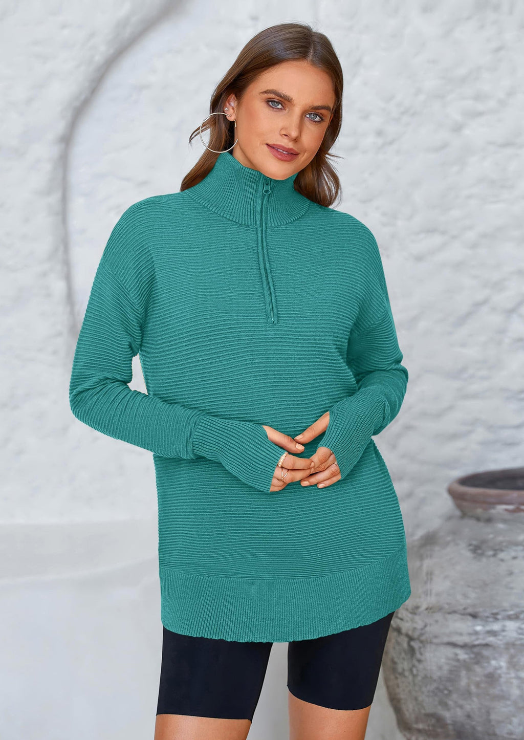 Womens Long Sleeve Quarter Zip Pullover Sweater Casual Loose V Neck Collared Ribbed Knit Jumper Tops Thumb Hole
