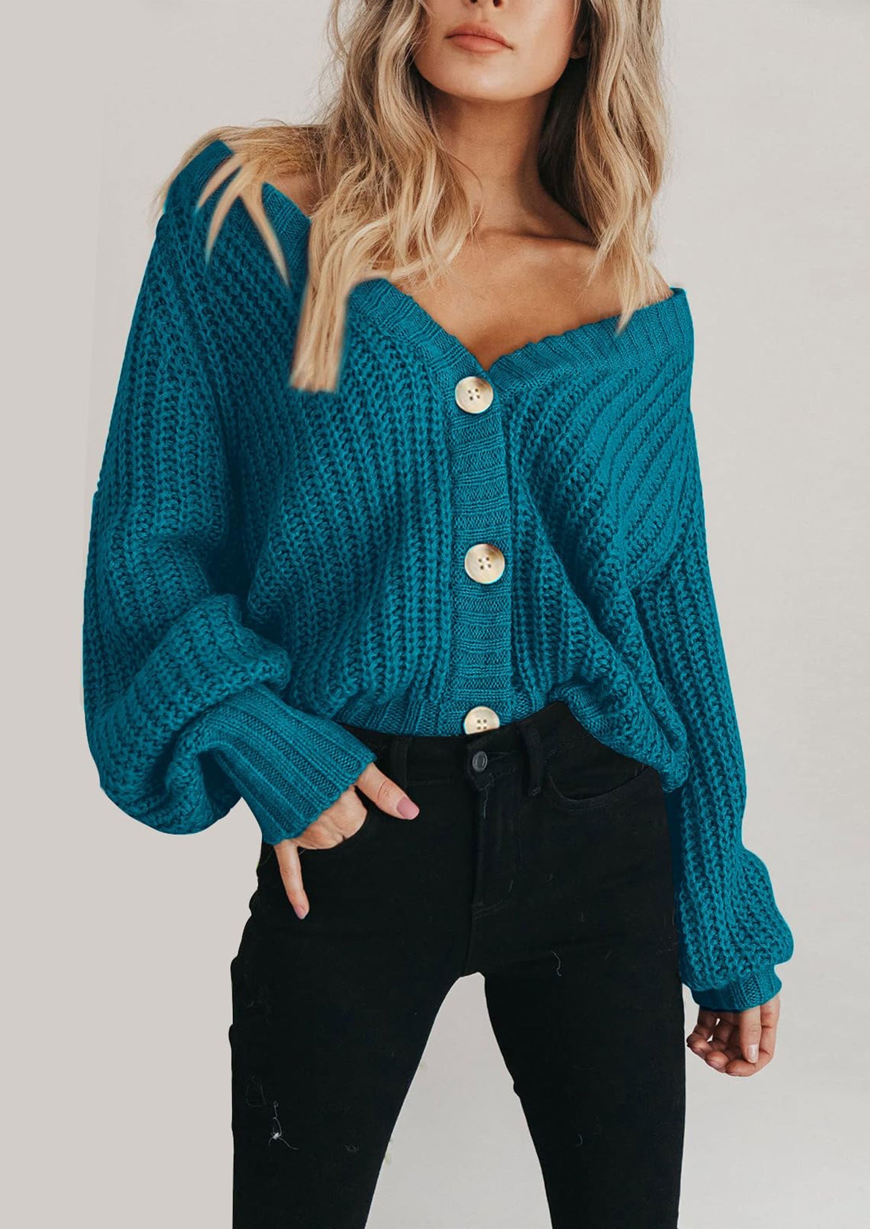 Women's Chunky Knit Open Front Sweater Long Sleeve Button Loose Short Cardigan Outerwear Coats