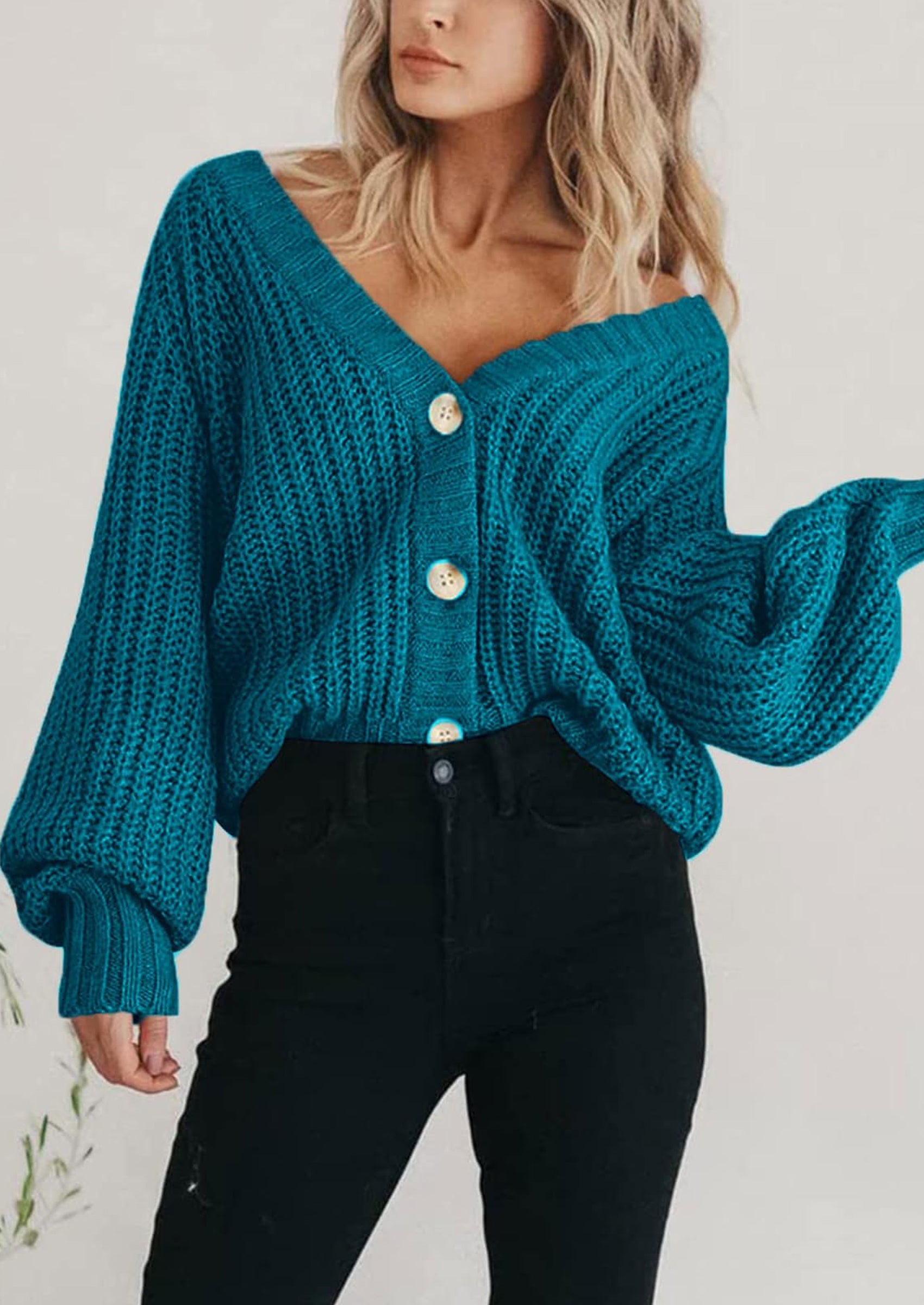 Women's Chunky Knit Open Front Sweater Long Sleeve Button Loose Short Cardigan Outerwear Coats