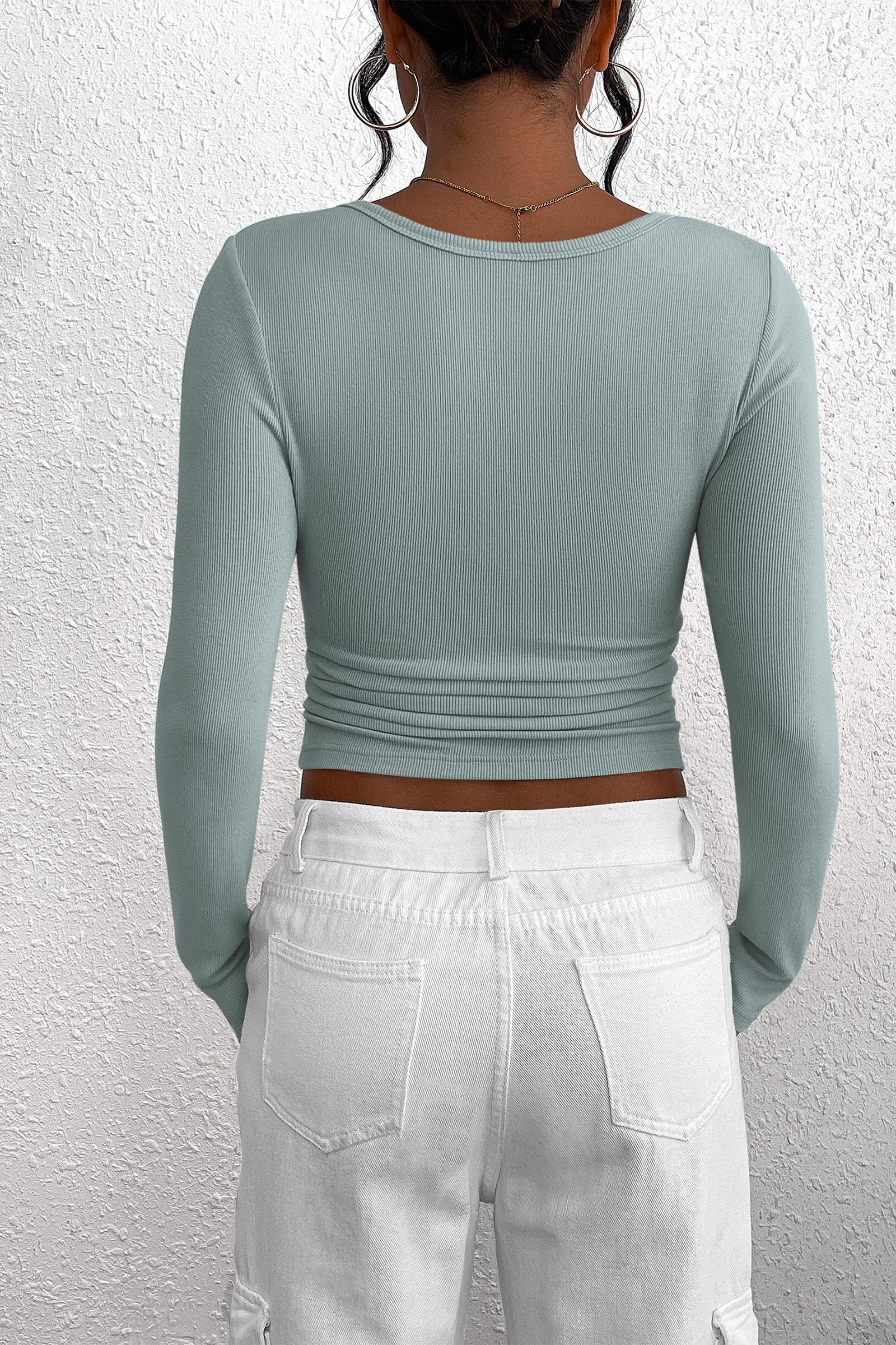 Women's Spring Fall Long Sleeve Henley T Shirts Button Ribbed Knit Slim Fit Casual Basic Tops Blouse