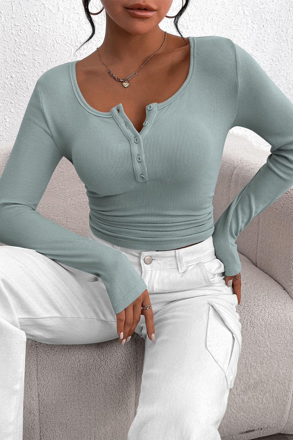 Women's Spring Fall Long Sleeve Henley T Shirts Button Ribbed Knit Slim Fit Casual Basic Tops Blouse