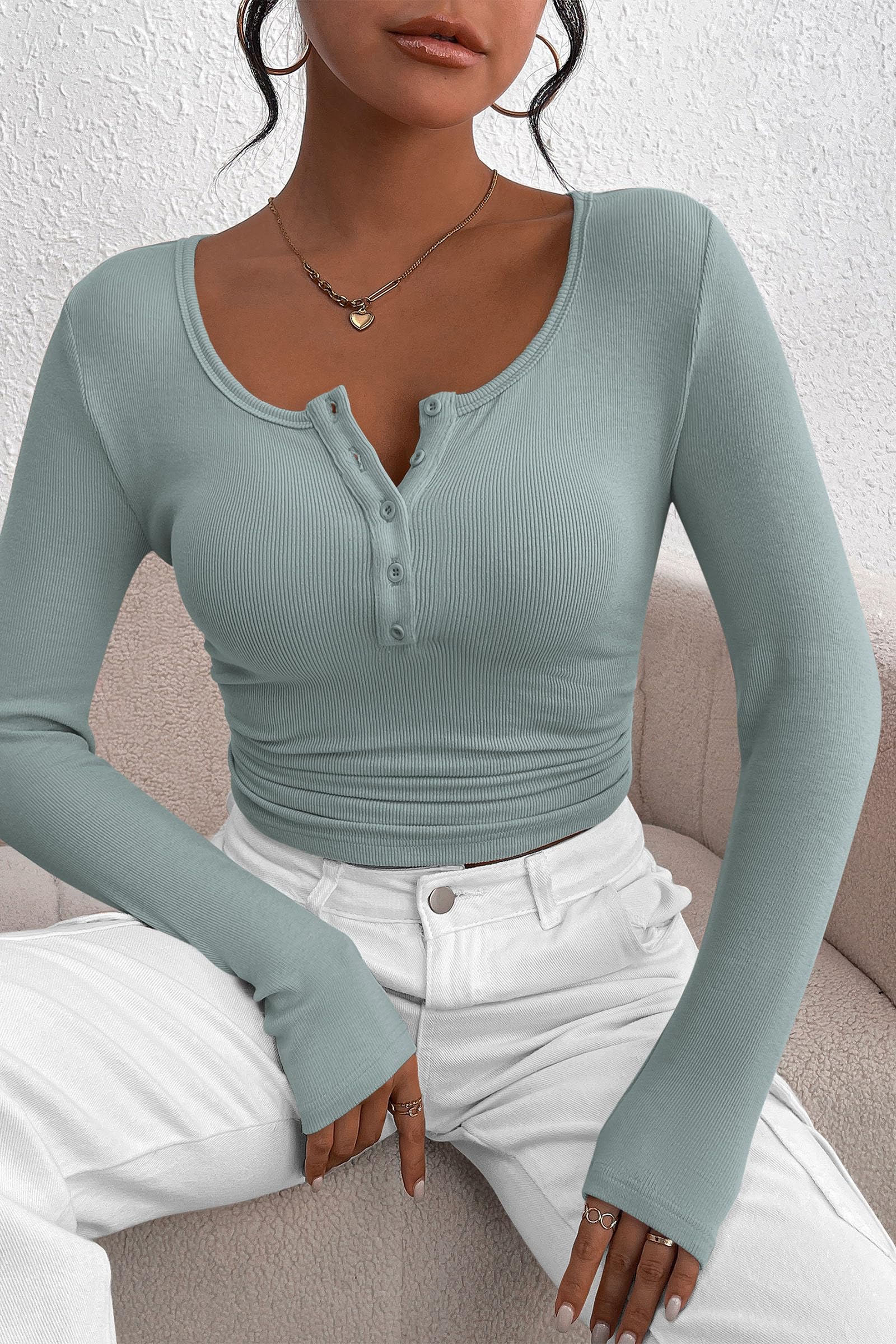 Women's Spring Fall Long Sleeve Henley T Shirts Button Ribbed Knit Slim Fit Casual Basic Tops Blouse