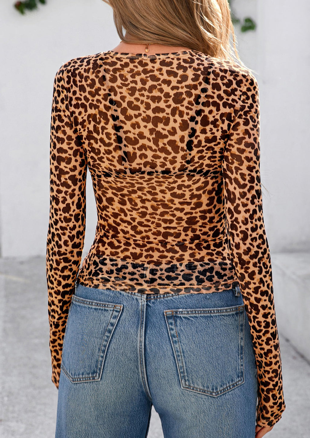 Women's Mesh Long Sleeve Top Trendy Fall See Through Sheer Blouse Leopard Fitted Going Out Layering Shirts