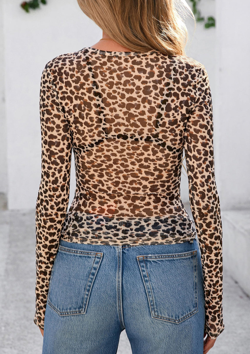 Women's Mesh Long Sleeve Top Trendy Fall See Through Sheer Blouse Leopard Fitted Going Out Layering Shirts