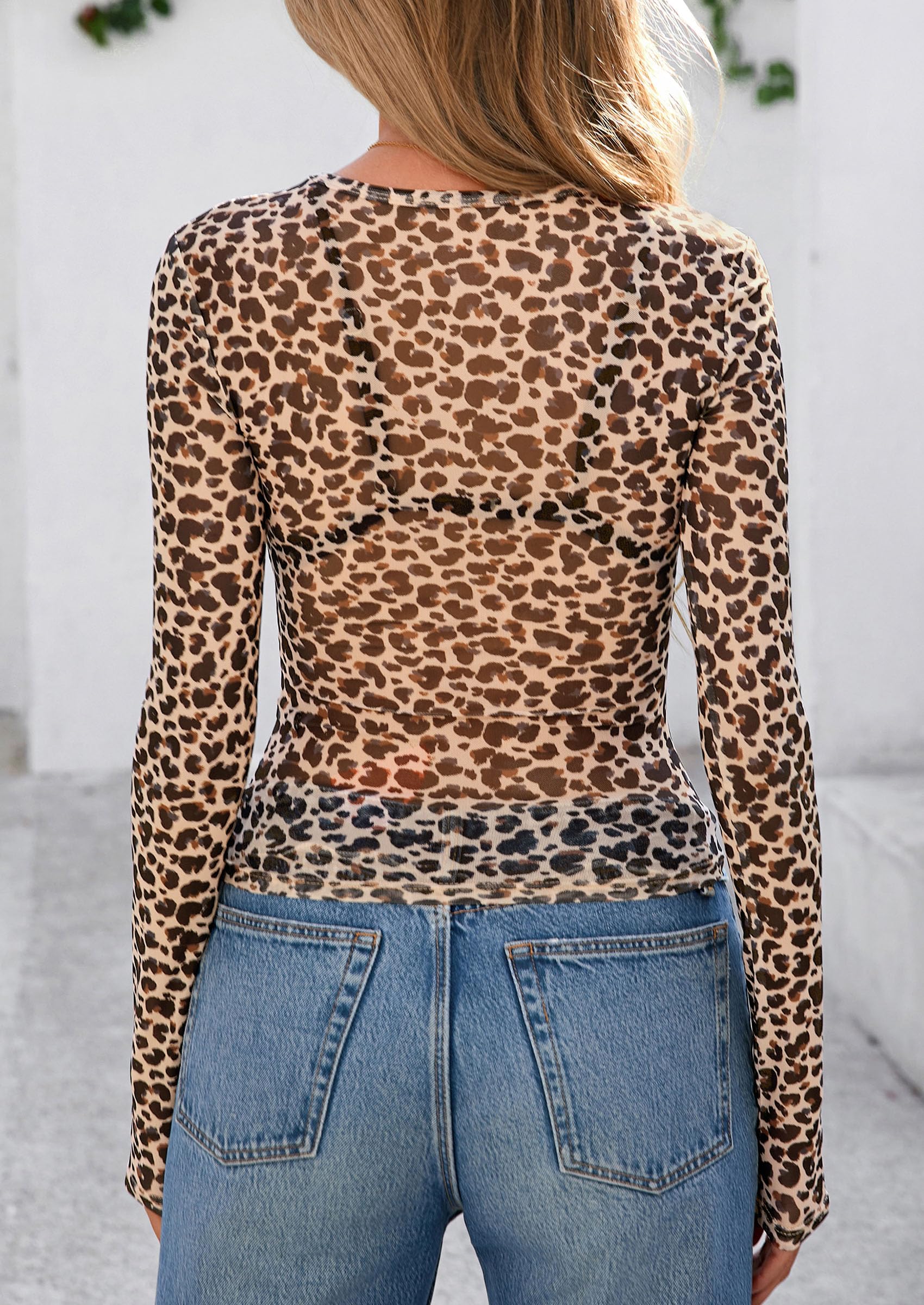 Women's Mesh Long Sleeve Top Trendy Fall See Through Sheer Blouse Leopard Fitted Going Out Layering Shirts