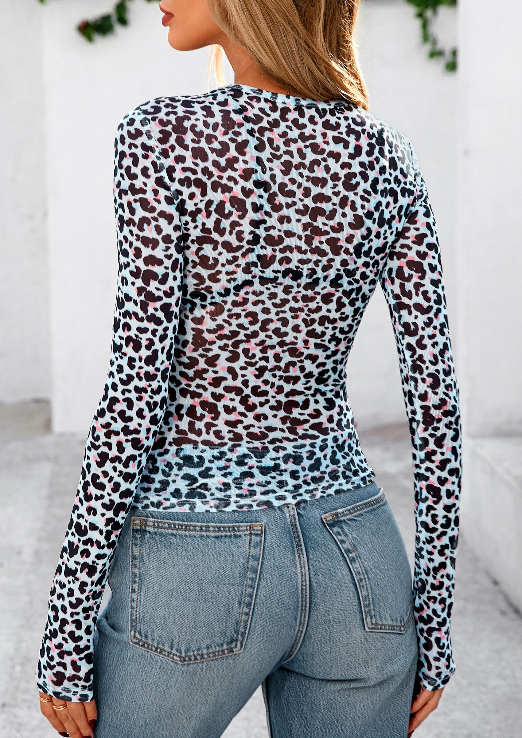 Women's Mesh Long Sleeve Top Trendy Fall See Through Sheer Blouse Leopard Fitted Going Out Layering Shirts