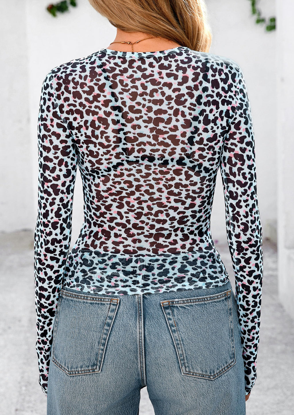 Women's Mesh Long Sleeve Top Trendy Fall See Through Sheer Blouse Leopard Fitted Going Out Layering Shirts