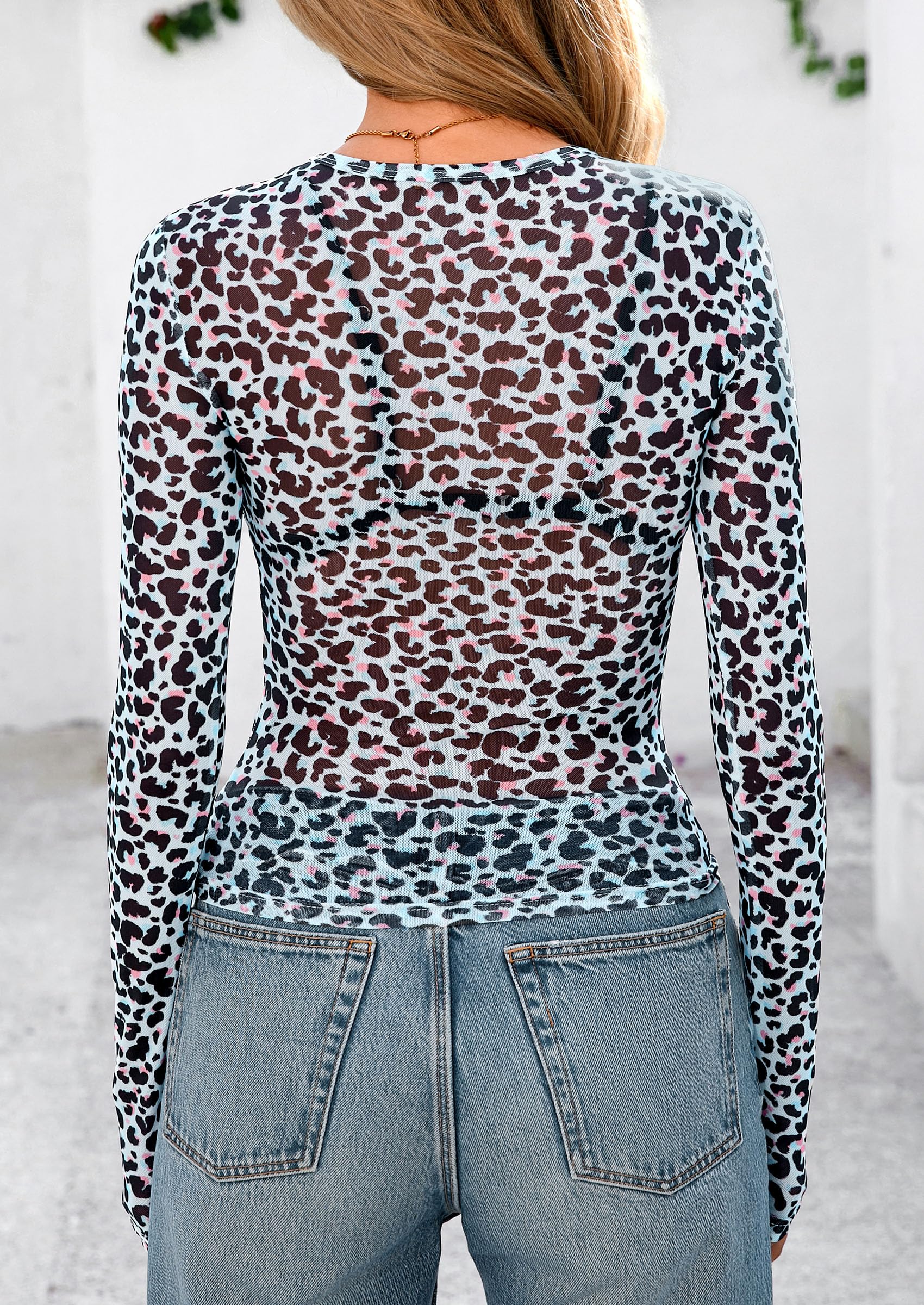 Women's Mesh Long Sleeve Top Trendy Fall See Through Sheer Blouse Leopard Fitted Going Out Layering Shirts