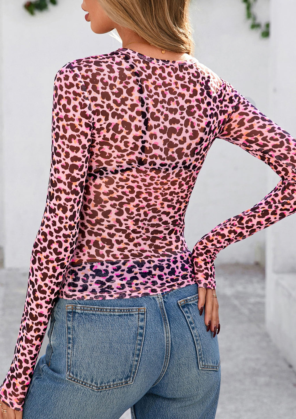 Women's Mesh Long Sleeve Top Trendy Fall See Through Sheer Blouse Leopard Fitted Going Out Layering Shirts