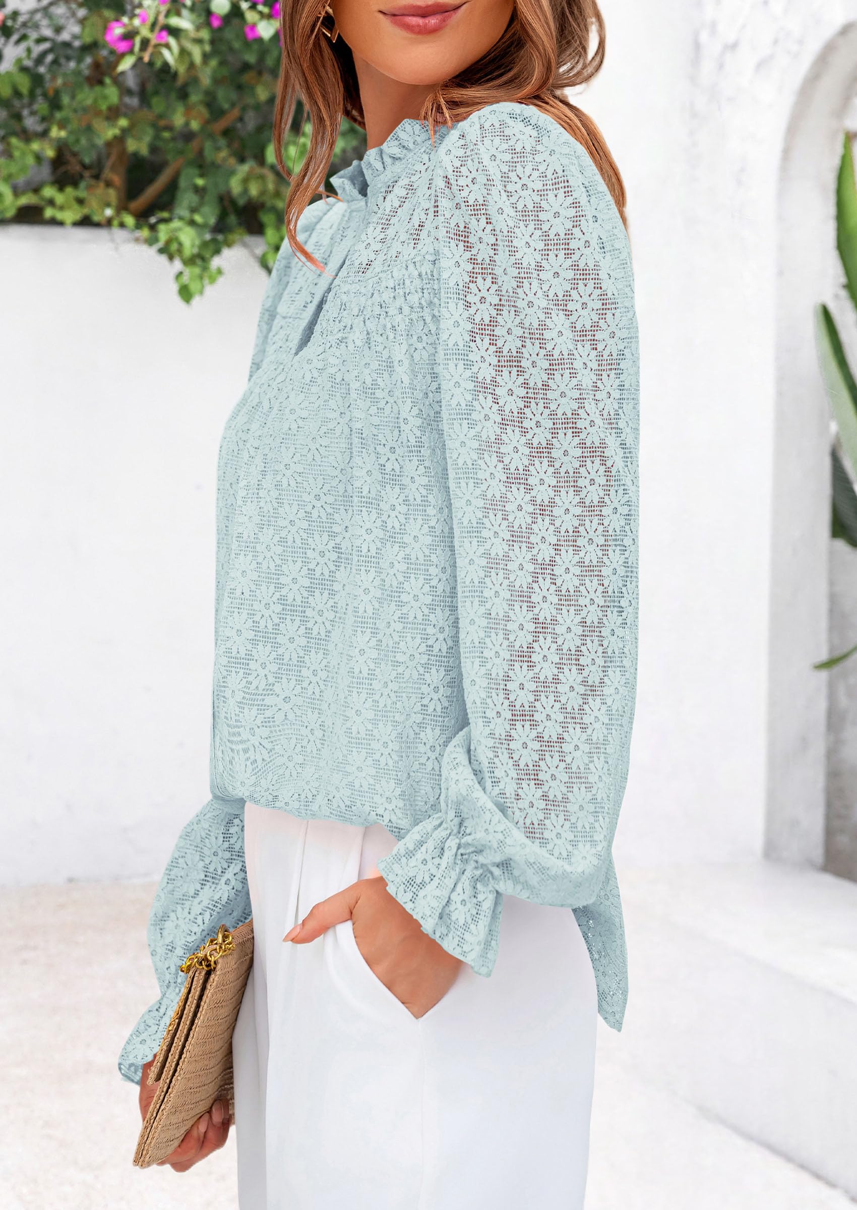 Lace Long Sleeve Tops for Women Eyelet Blouses Dressy Casual Hollow Out Button Down Shirts Summer Outfits