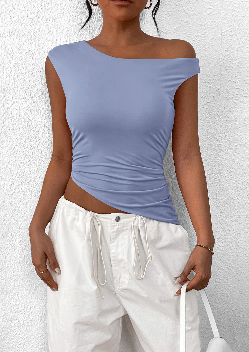 Womens Off The Shoulder Tops Summer Sleeveless One Shoulder Ruched Asymmetrical Y2K Going Out Crop Tank Top