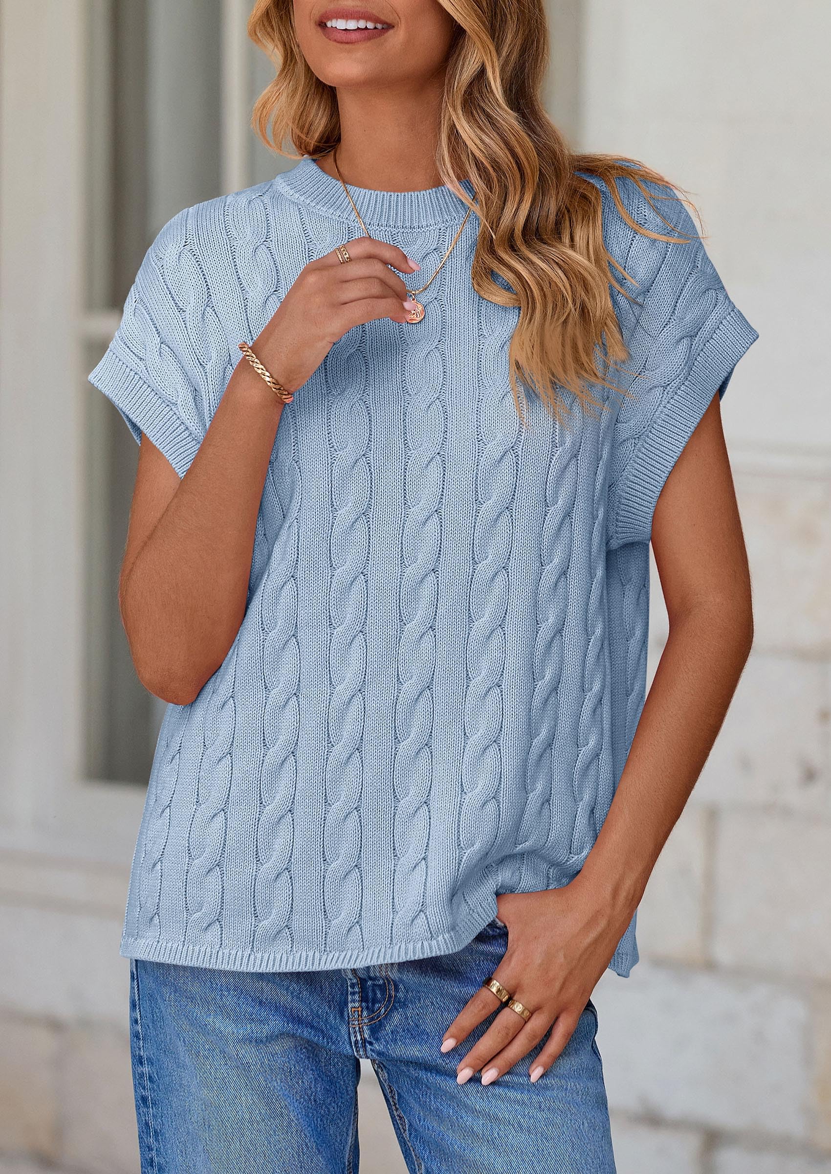 Women's Sweater Vest Summer Short Sleeve Tops Casual Crewneck Knit Oversized Pullover Trendy Spring Outfits