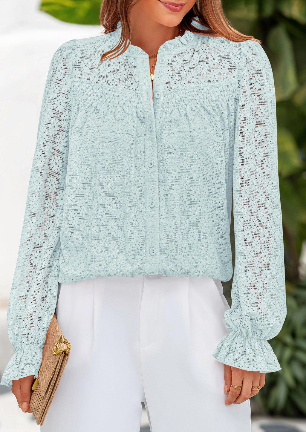 Lace Long Sleeve Tops for Women Eyelet Blouses Dressy Casual Hollow Out Button Down Shirts Summer Outfits