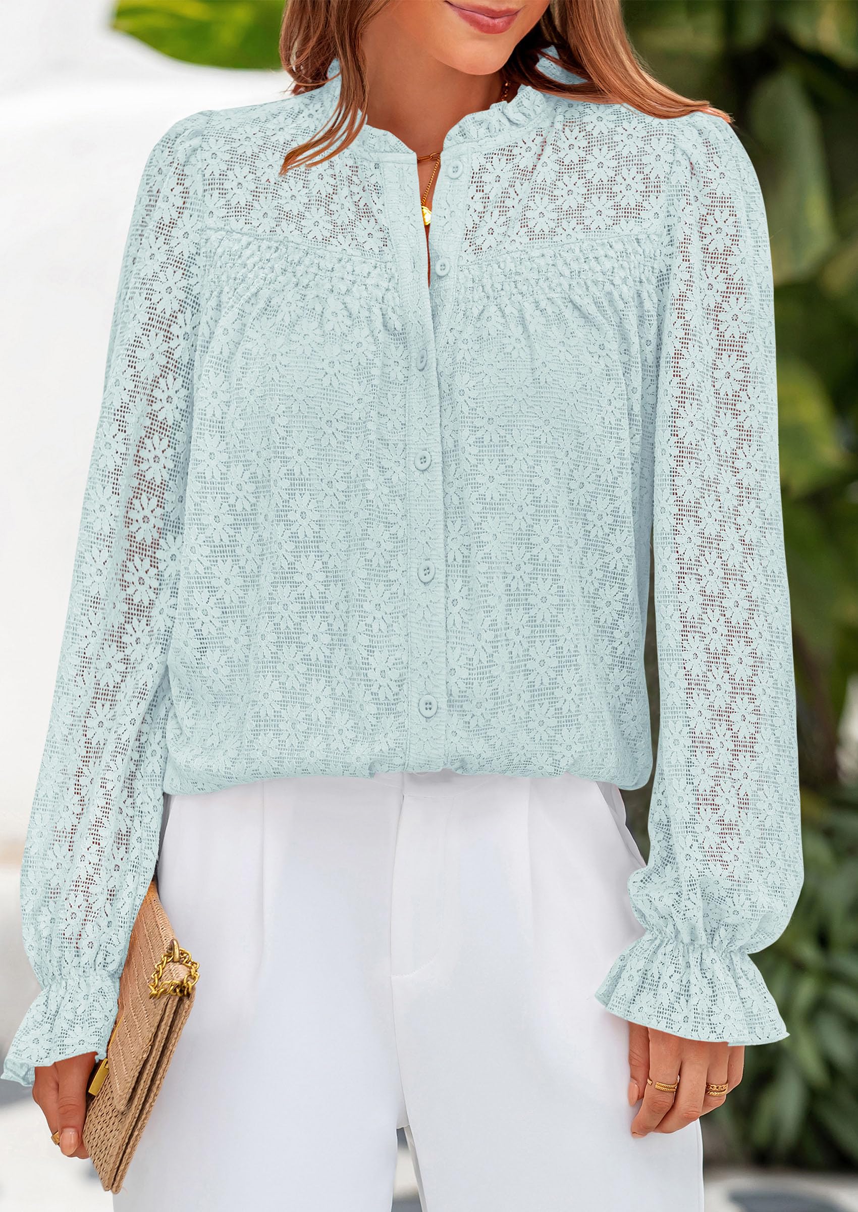 Lace Long Sleeve Tops for Women Eyelet Blouses Dressy Casual Hollow Out Button Down Shirts Summer Outfits