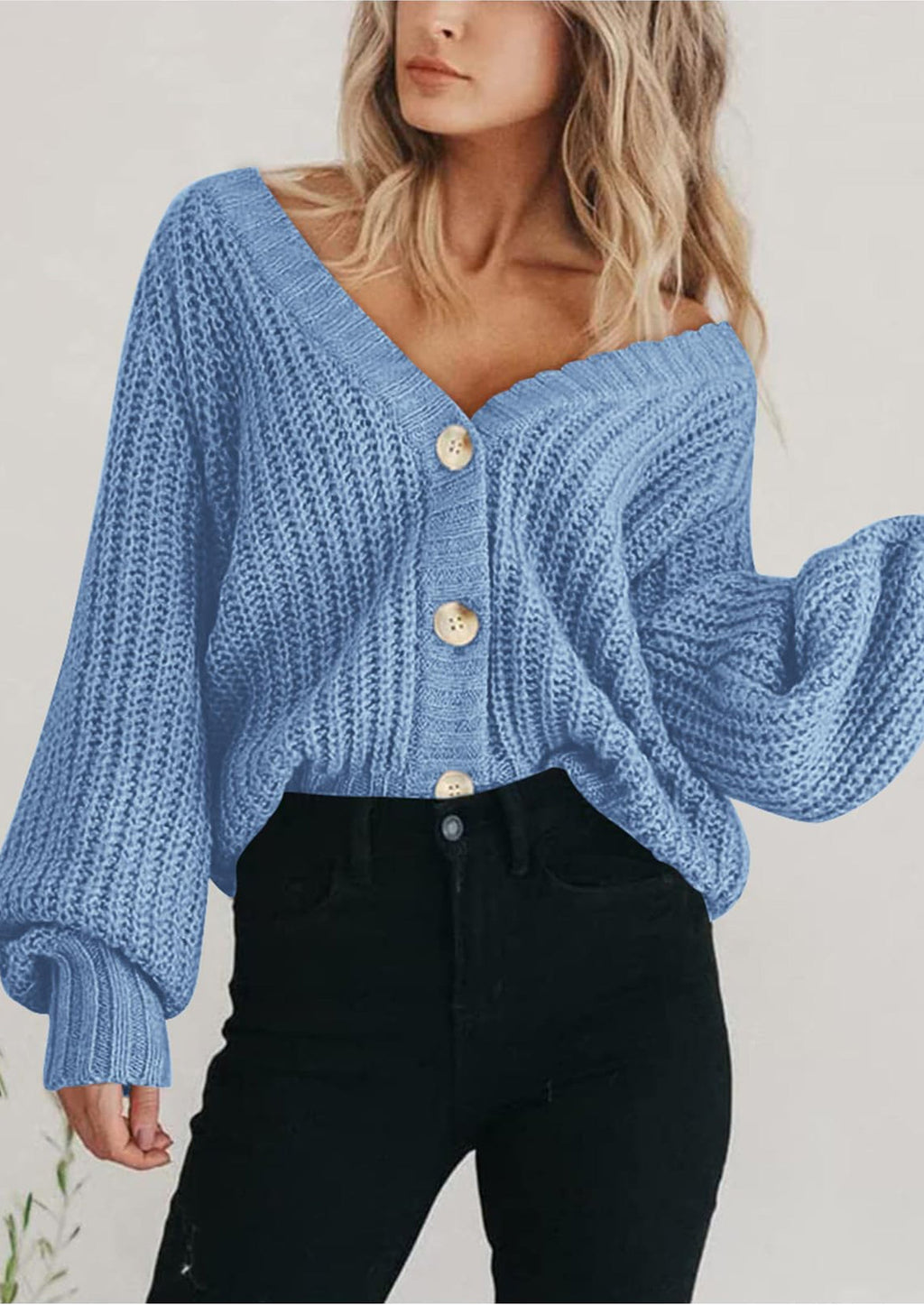 Women's Chunky Knit Open Front Sweater Long Sleeve Button Loose Short Cardigan Outerwear Coats